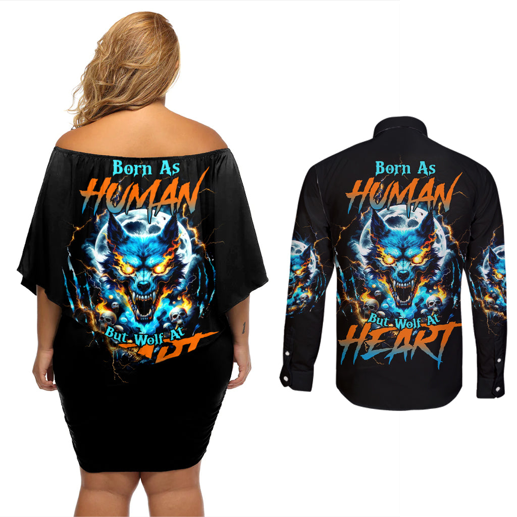 Wolf Skull Couples Matching Off Shoulder Short Dress and Long Sleeve Button Shirt Born As Human But Wolft At Heart