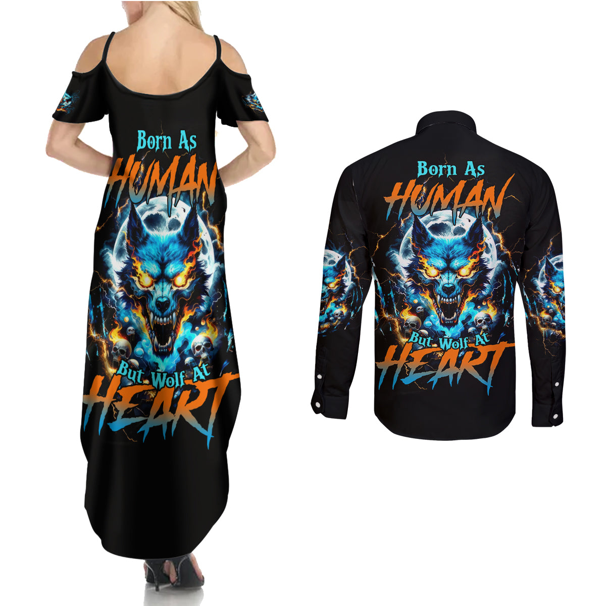 Wolf Skull Couples Matching Summer Maxi Dress and Long Sleeve Button Shirt Born As Human But Wolft At Heart