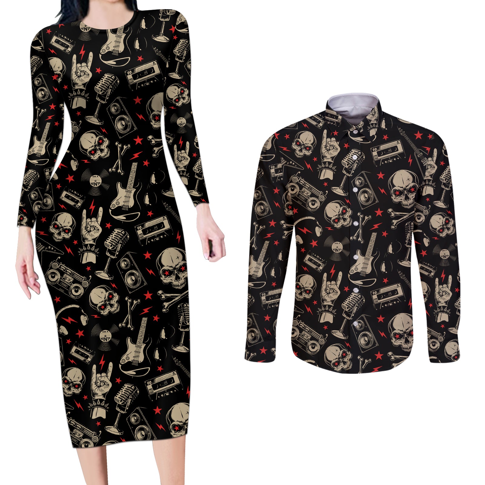 rock-and-roll-skull-pattern-design-couples-matching-long-sleeve-bodycon-dress-and-long-sleeve-button-shirts