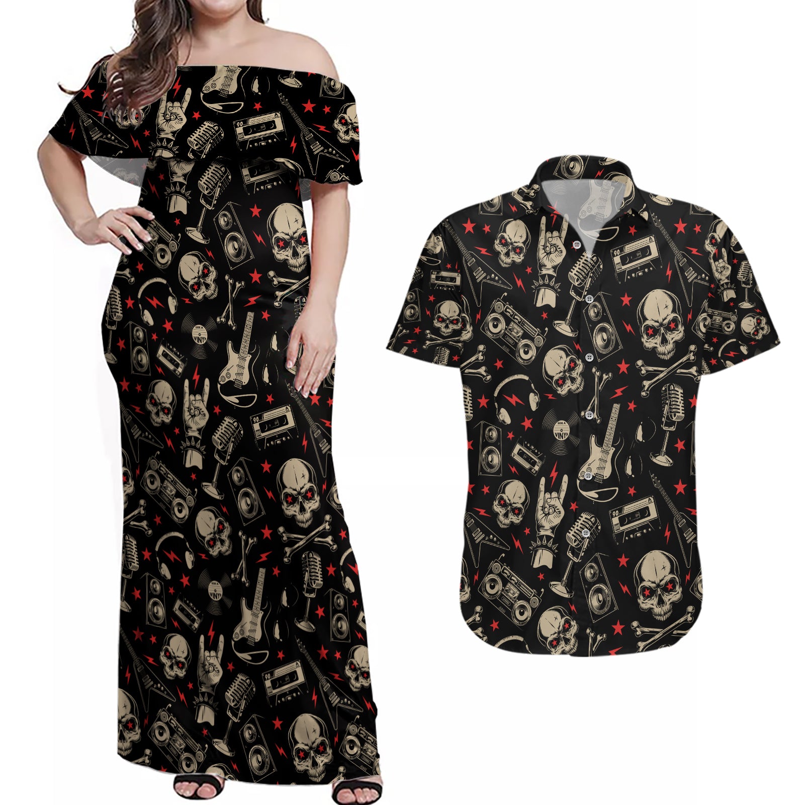 rock-and-roll-skull-pattern-design-couples-matching-off-shoulder-maxi-dress-and-hawaiian-shirt