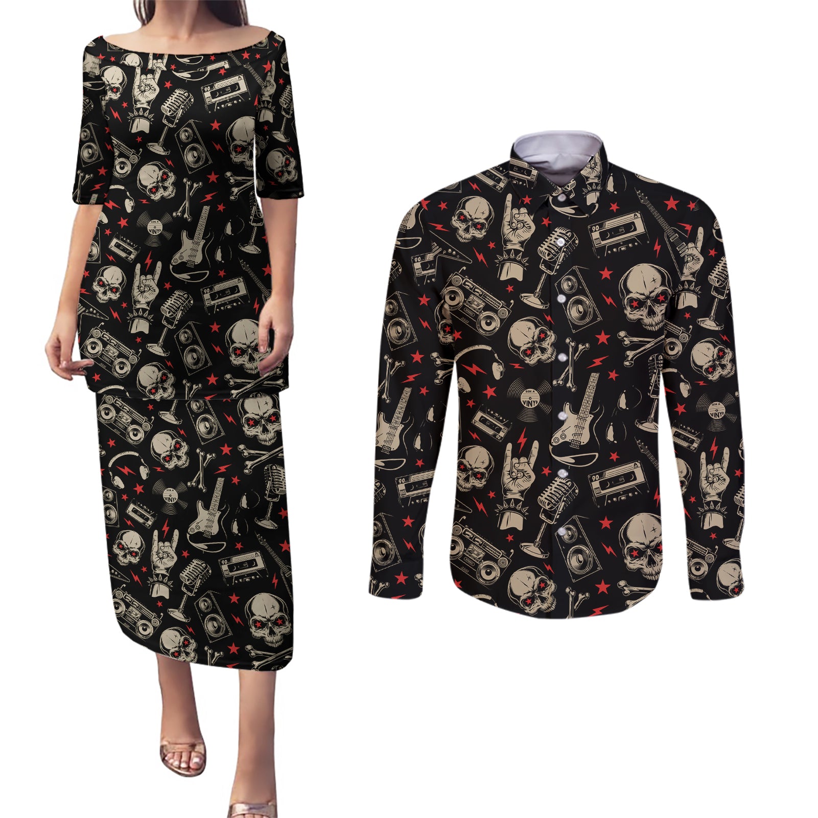 rock-and-roll-skull-pattern-design-couples-matching-puletasi-dress-and-long-sleeve-button-shirts