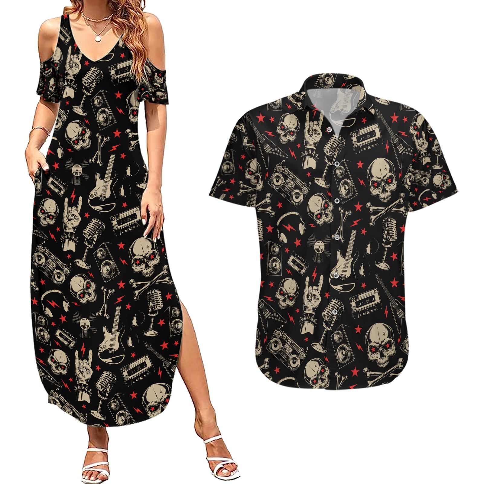 rock-and-roll-skull-pattern-design-couples-matching-summer-maxi-dress-and-hawaiian-shirt