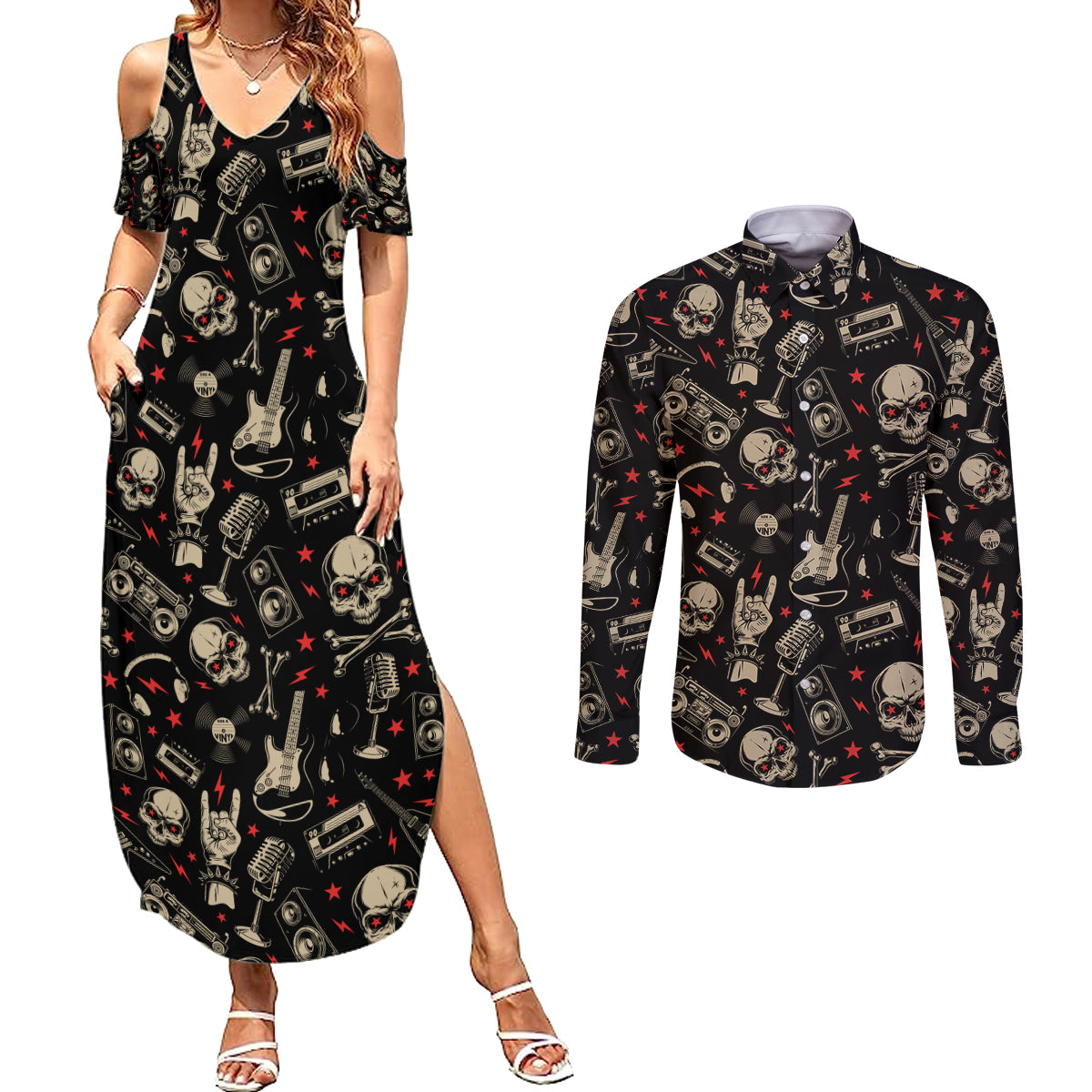 rock-and-roll-skull-pattern-design-couples-matching-summer-maxi-dress-and-long-sleeve-button-shirts