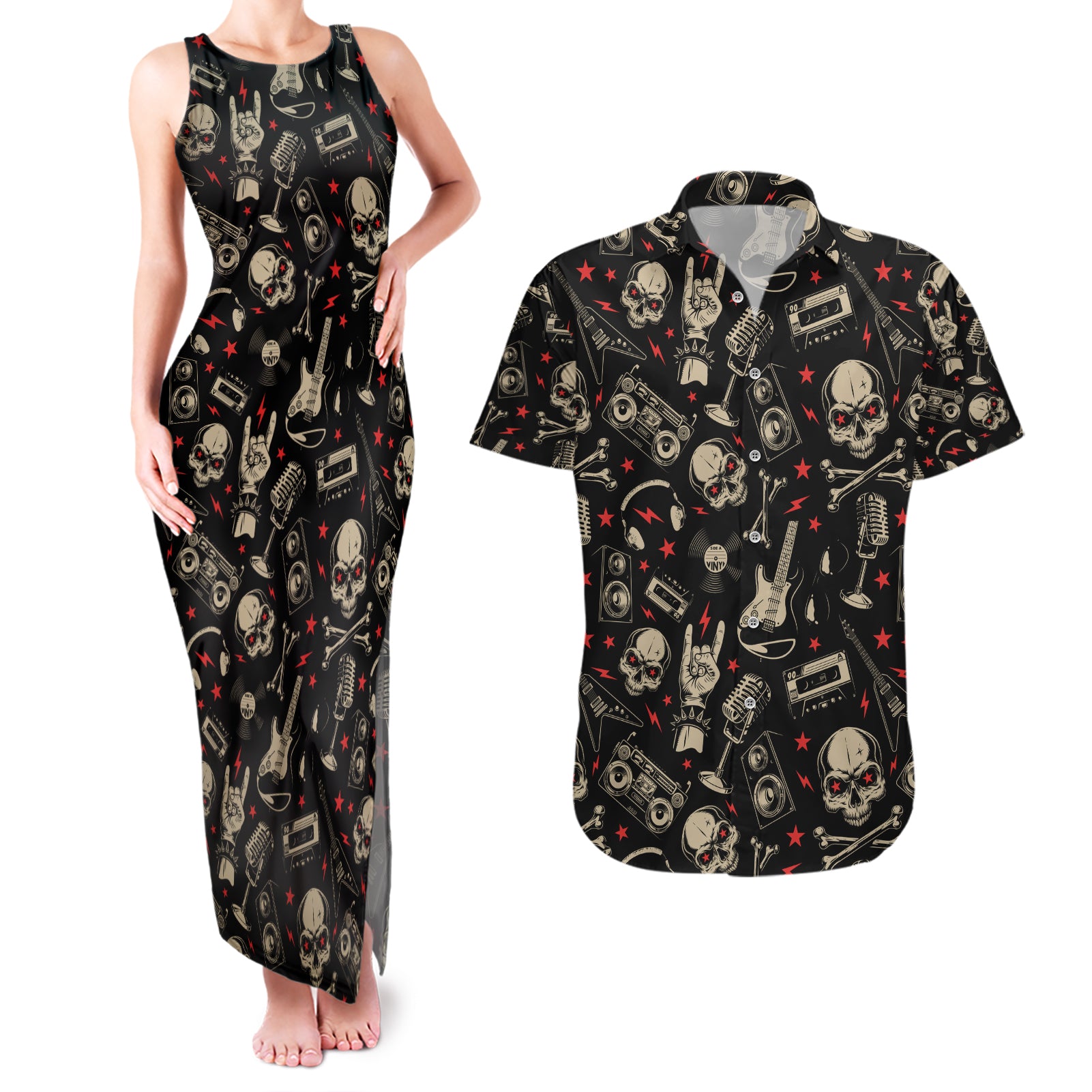 rock-and-roll-skull-pattern-design-couples-matching-tank-maxi-dress-and-hawaiian-shirt