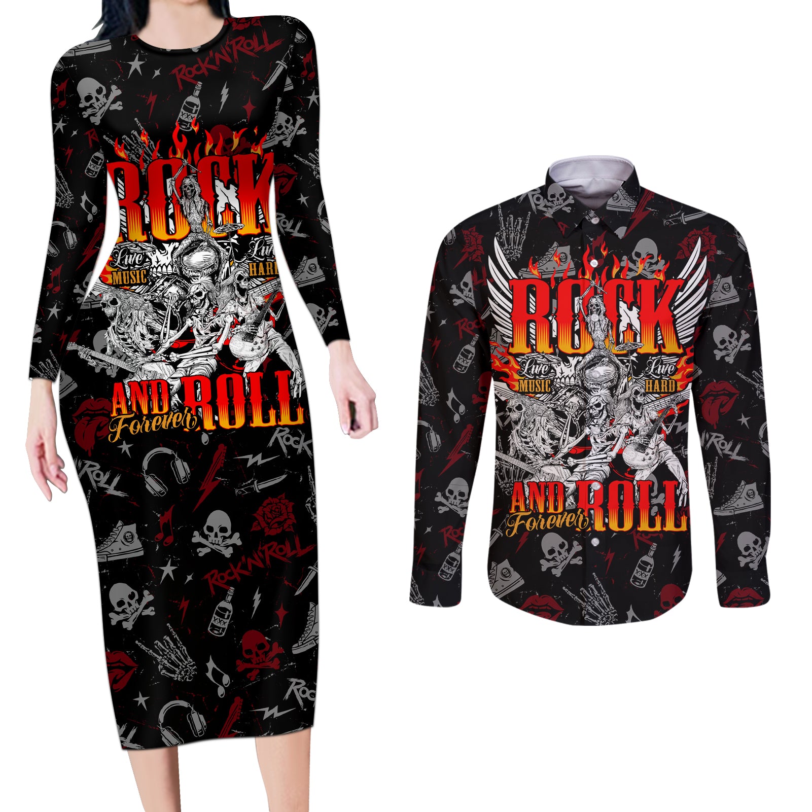 rock-and-roll-skull-forever-couples-matching-long-sleeve-bodycon-dress-and-long-sleeve-button-shirts