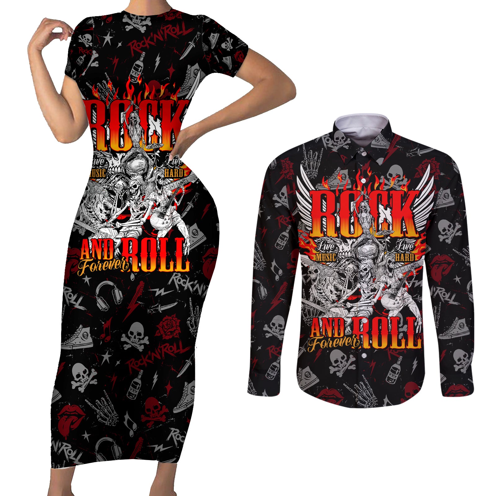 rock-and-roll-skull-forever-couples-matching-short-sleeve-bodycon-dress-and-long-sleeve-button-shirts