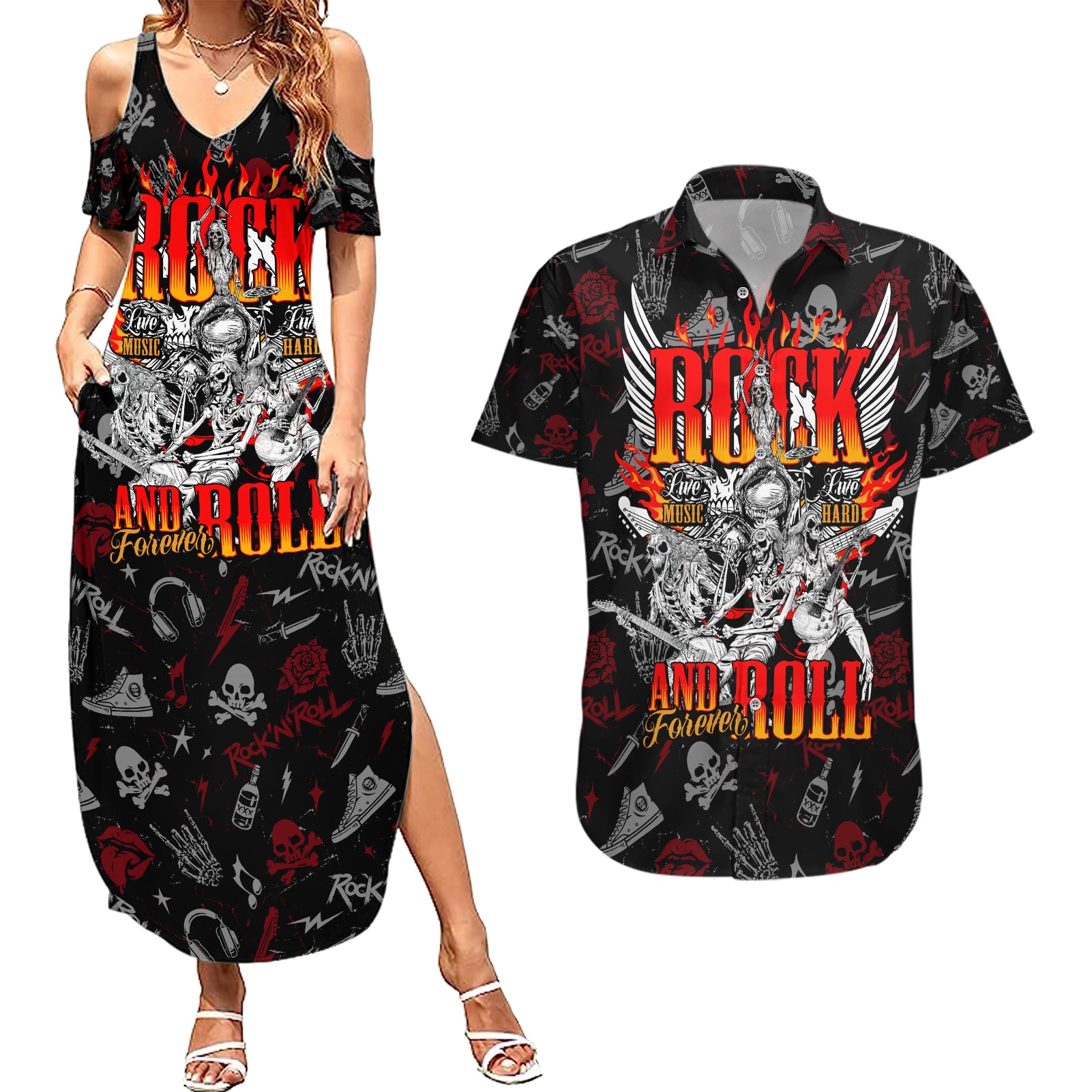 rock-and-roll-skull-forever-couples-matching-summer-maxi-dress-and-hawaiian-shirt