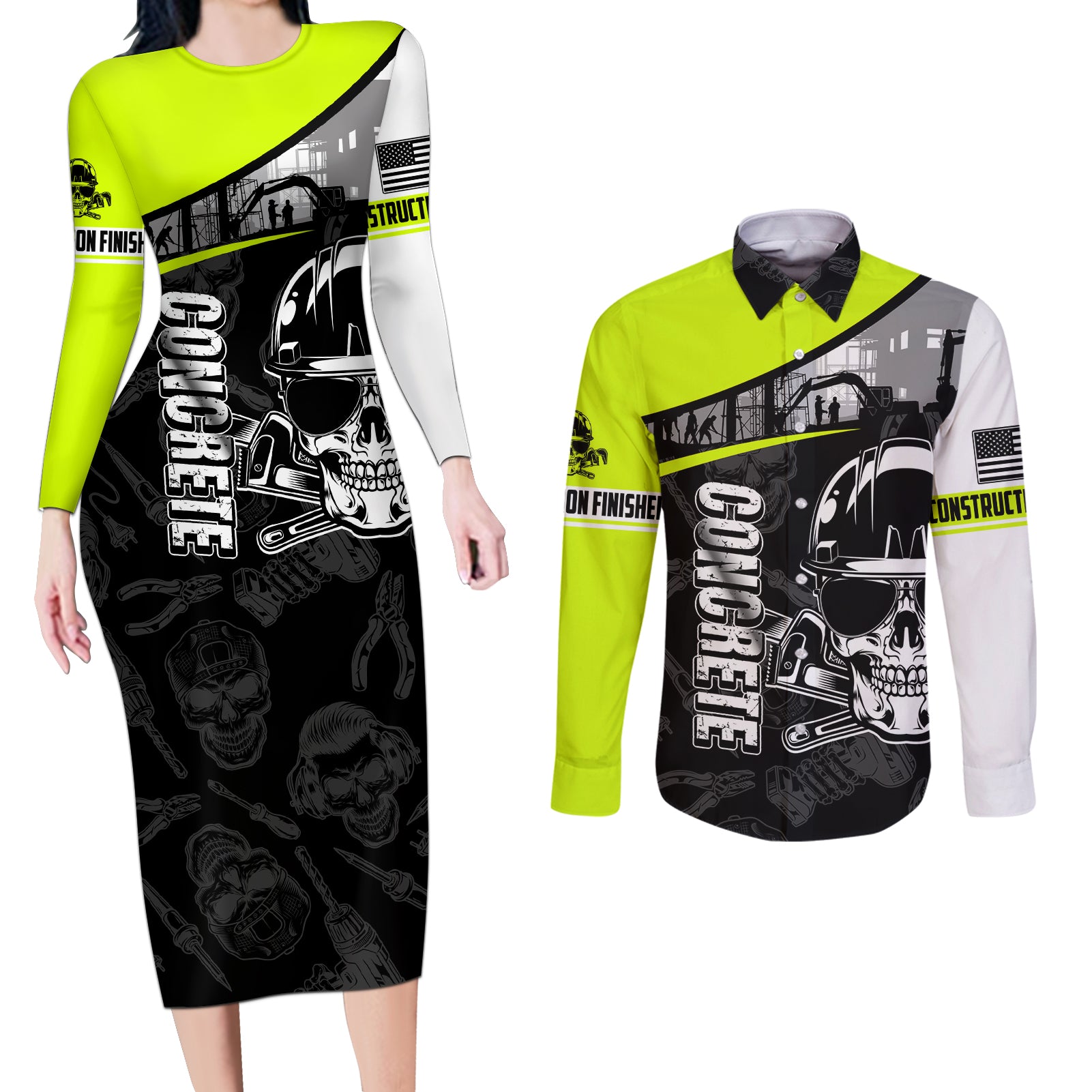 concrete-finisher-skull-on-site-couples-matching-long-sleeve-bodycon-dress-and-long-sleeve-button-shirts