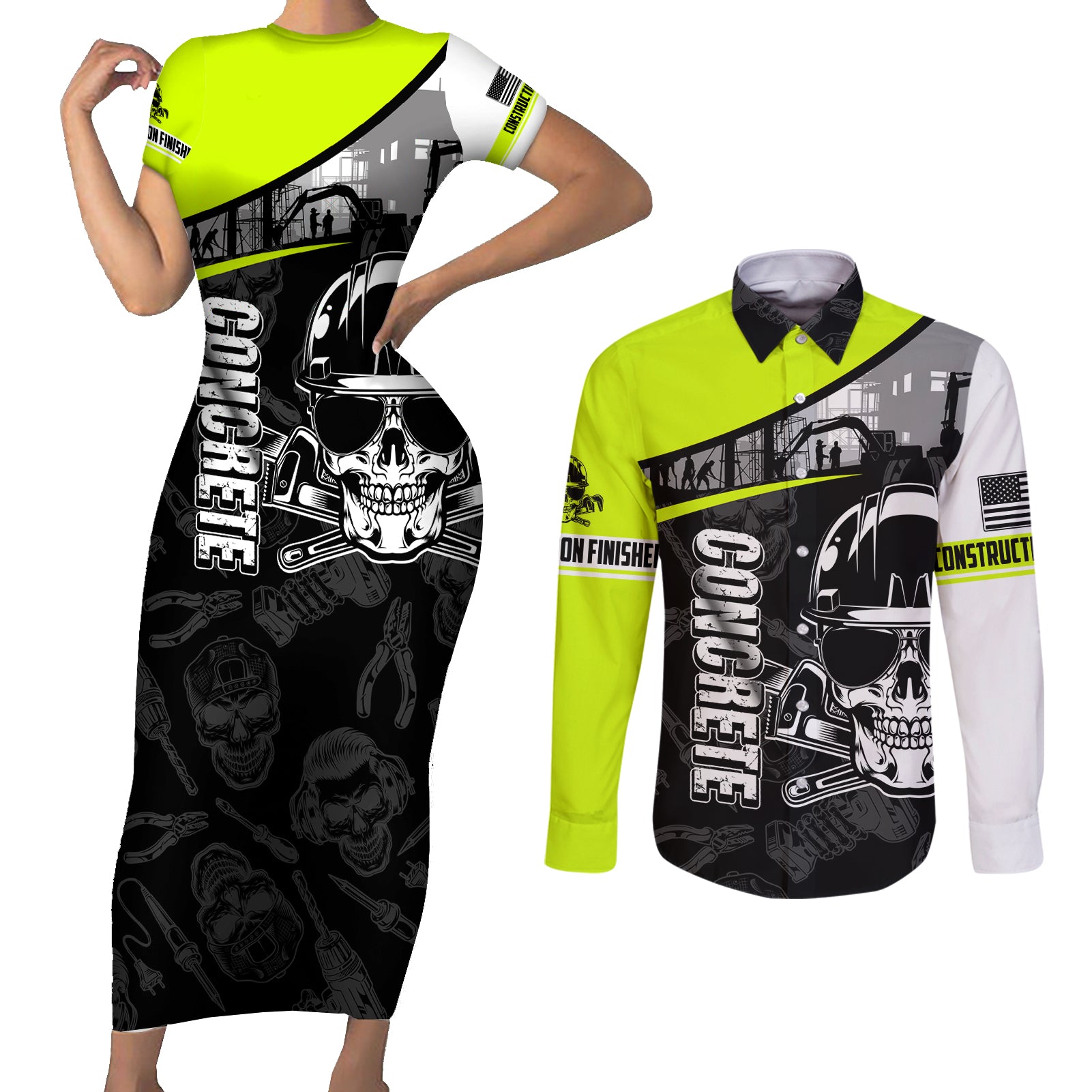 concrete-finisher-skull-on-site-couples-matching-short-sleeve-bodycon-dress-and-long-sleeve-button-shirts