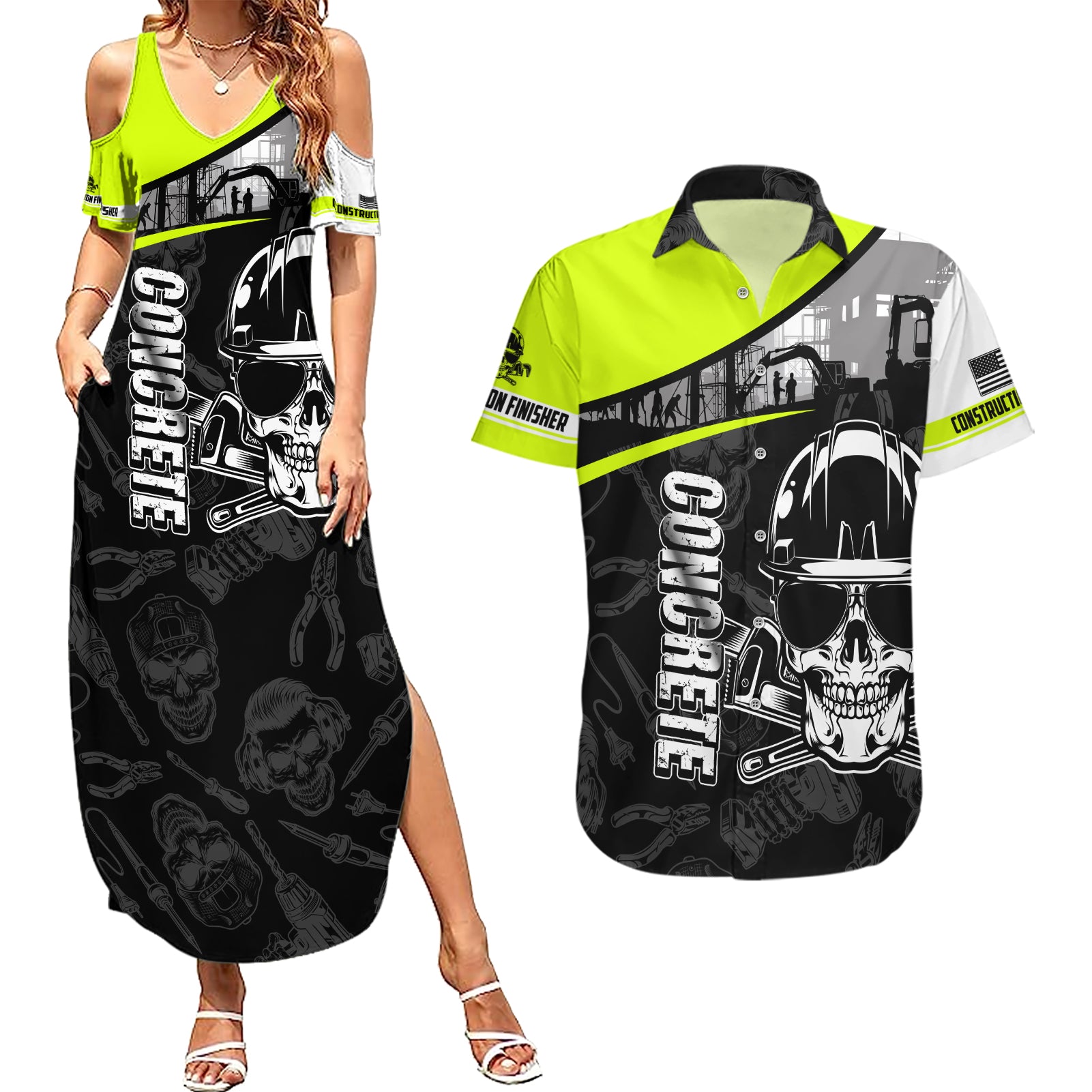 concrete-finisher-skull-on-site-couples-matching-summer-maxi-dress-and-hawaiian-shirt