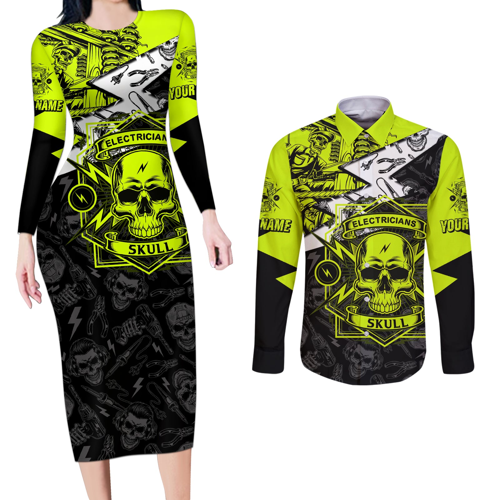 personalised-electricians-skull-couples-matching-long-sleeve-bodycon-dress-and-long-sleeve-button-shirts