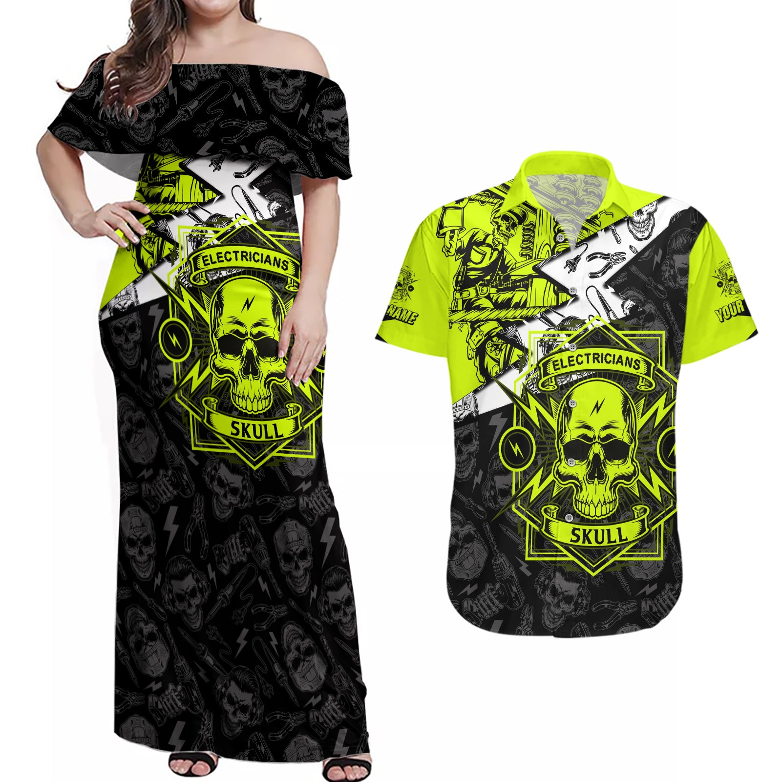 personalised-electricians-skull-couples-matching-off-shoulder-maxi-dress-and-hawaiian-shirt