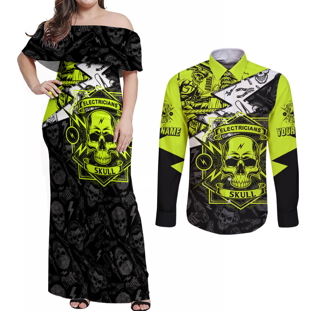 personalised-electricians-skull-couples-matching-off-shoulder-maxi-dress-and-long-sleeve-button-shirts