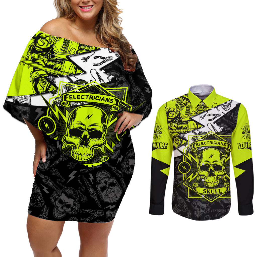 personalised-electricians-skull-couples-matching-off-shoulder-short-dress-and-long-sleeve-button-shirts