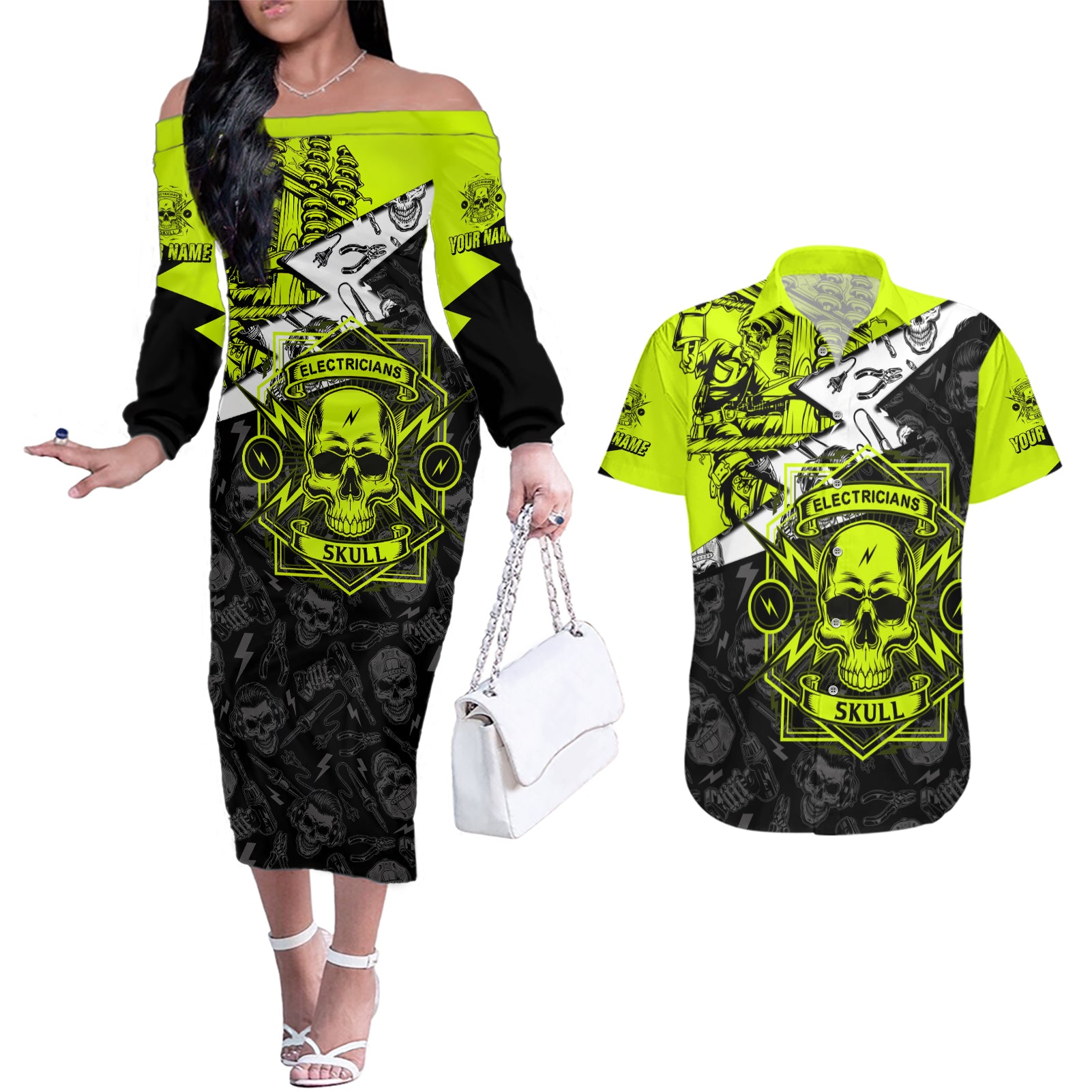 personalised-electricians-skull-couples-matching-off-the-shoulder-long-sleeve-dress-and-hawaiian-shirt