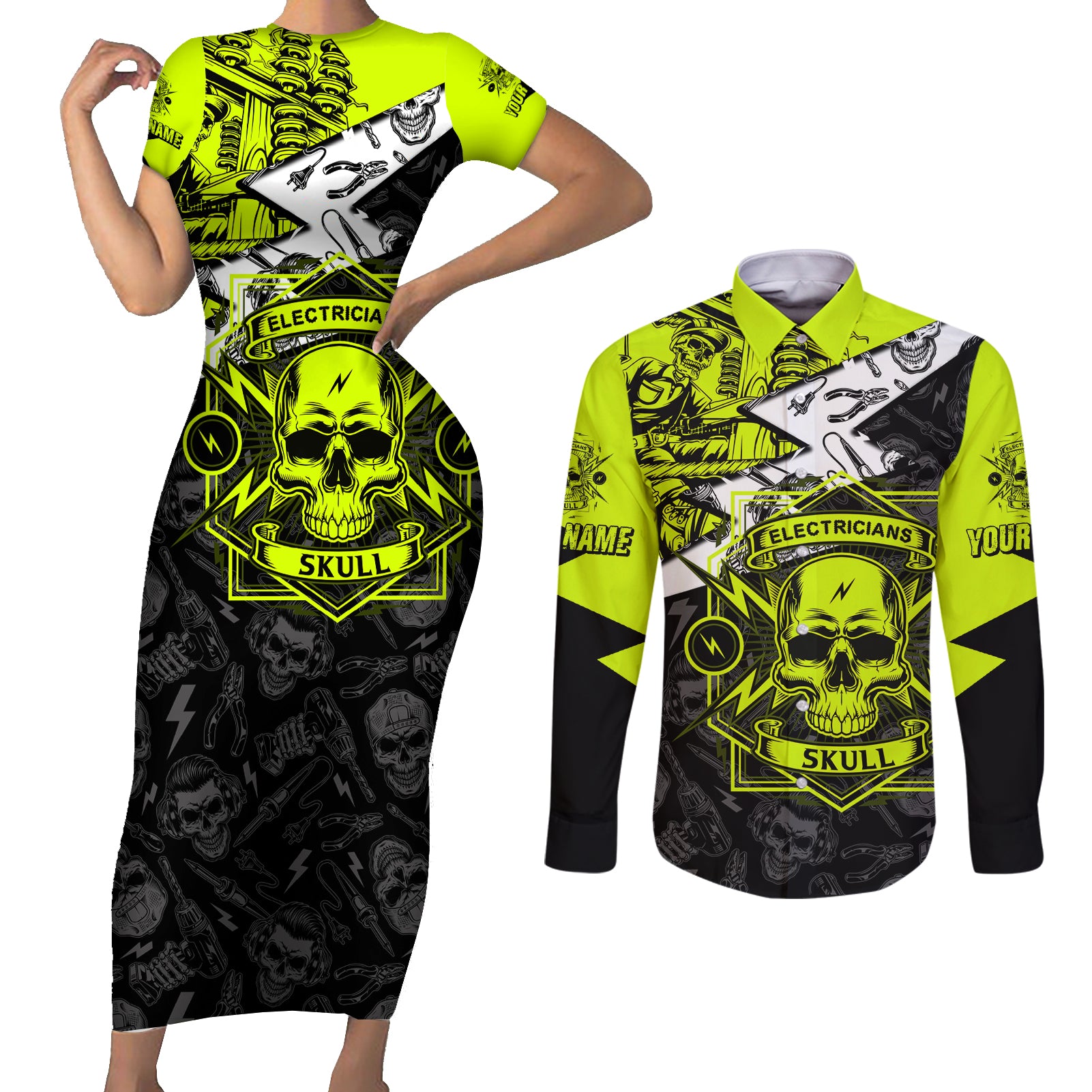 personalised-electricians-skull-couples-matching-short-sleeve-bodycon-dress-and-long-sleeve-button-shirts