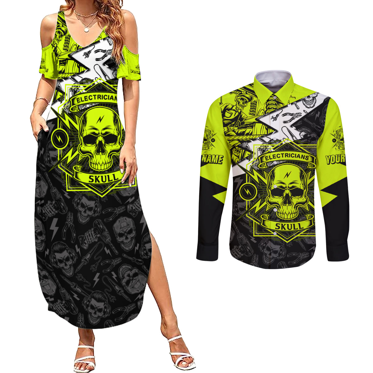 personalised-electricians-skull-couples-matching-summer-maxi-dress-and-long-sleeve-button-shirts