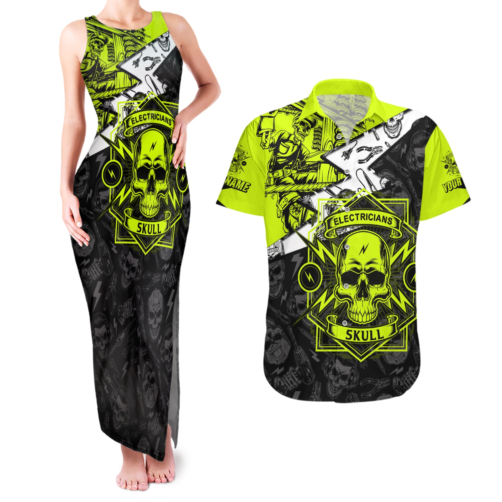 personalised-electricians-skull-couples-matching-tank-maxi-dress-and-hawaiian-shirt