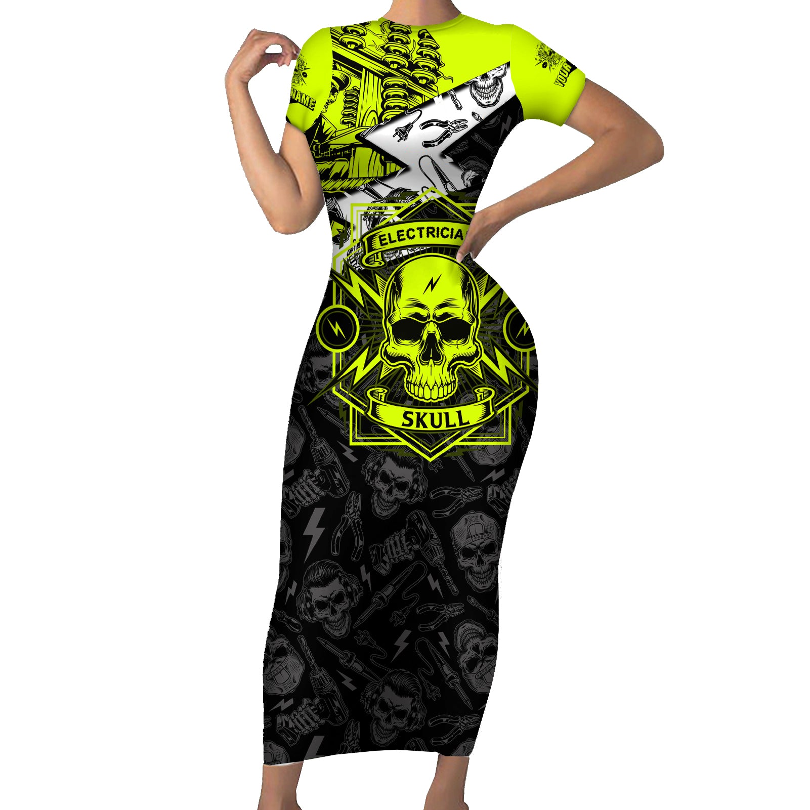 personalised-electricians-skull-short-sleeve-bodycon-dress