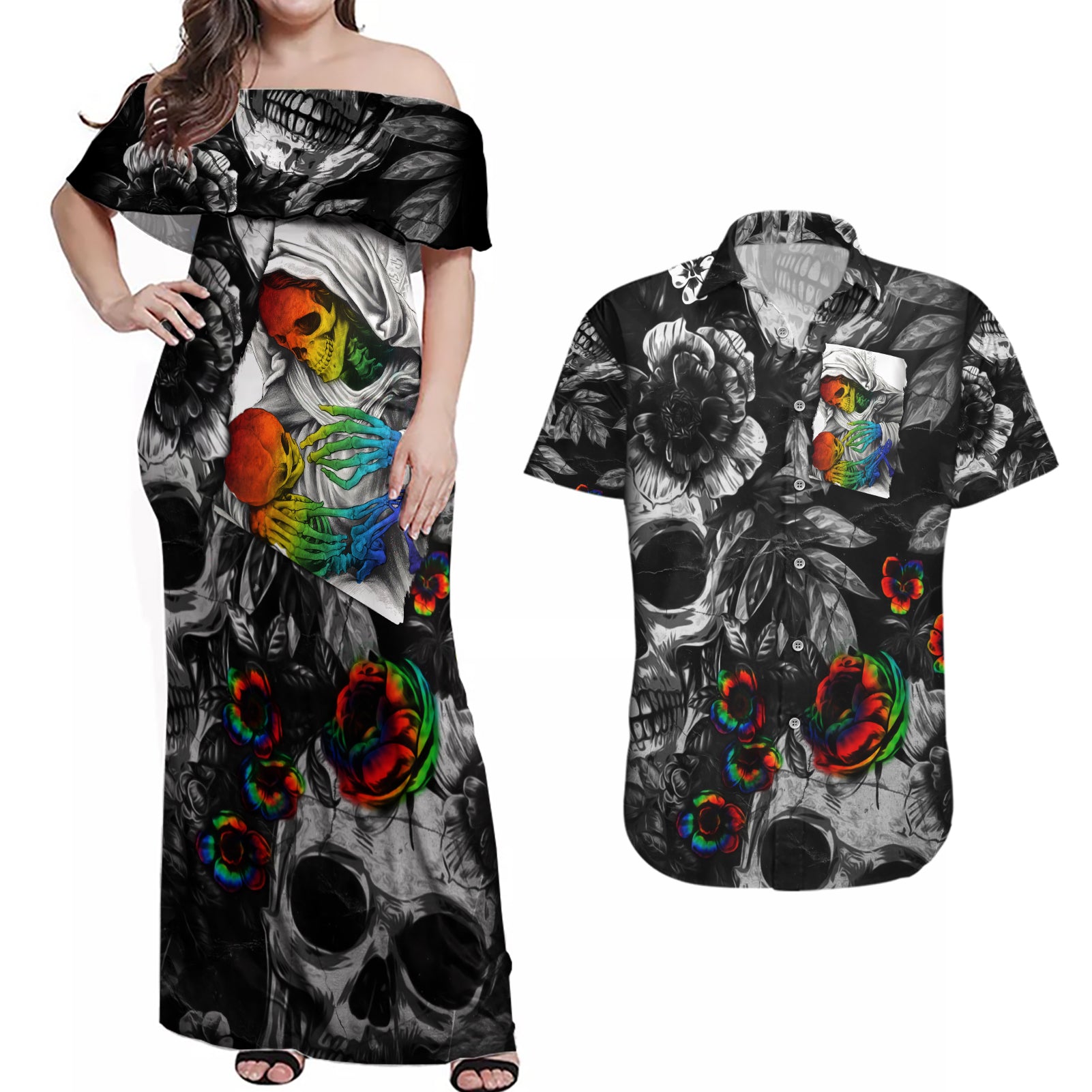 lgbt-couples-matching-off-shoulder-maxi-dress-and-hawaiian-shirt-lgbt-we-are-born-of-love-love-is-our-mother