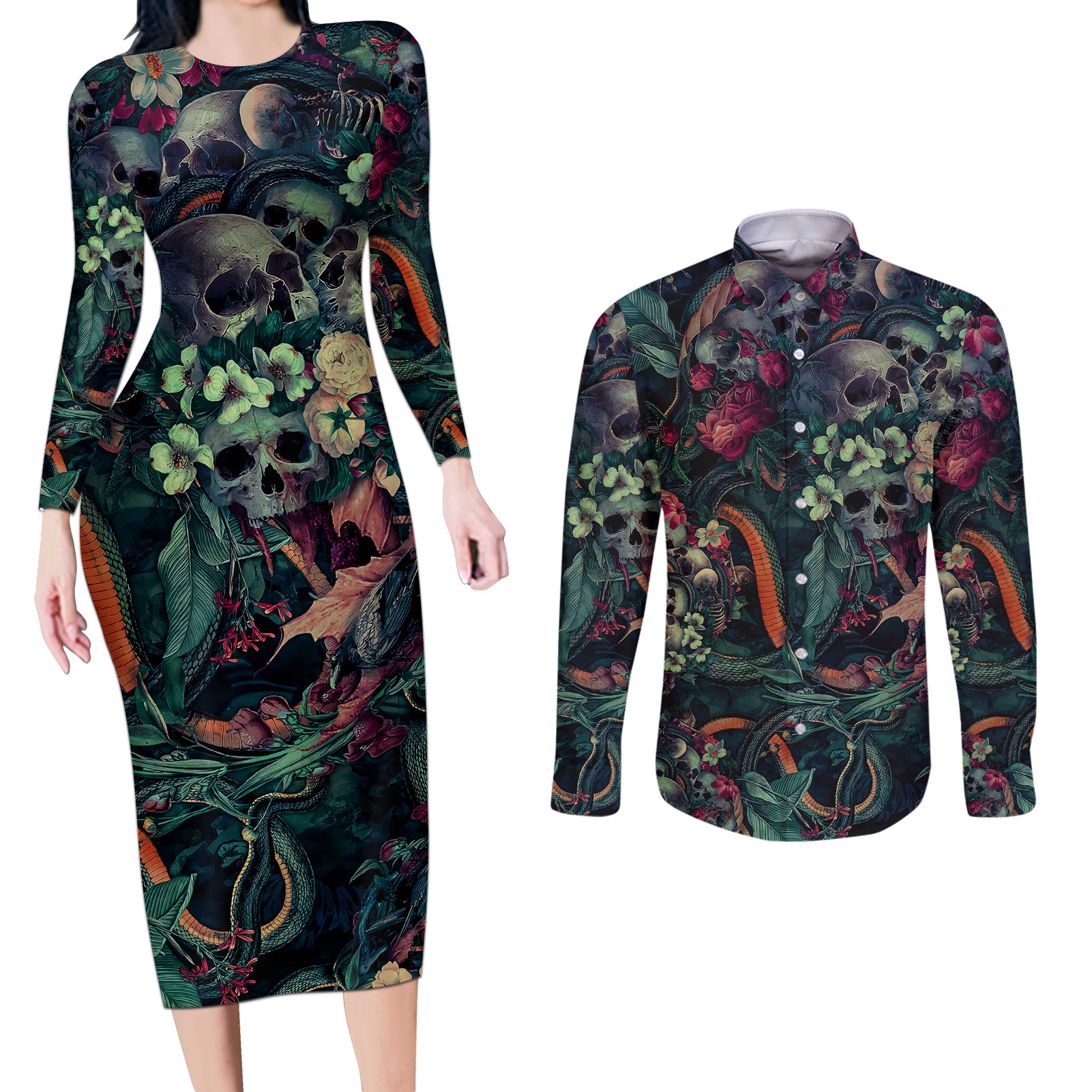 skulls-and-snakes-couples-matching-long-sleeve-bodycon-dress-and-long-sleeve-button-shirt