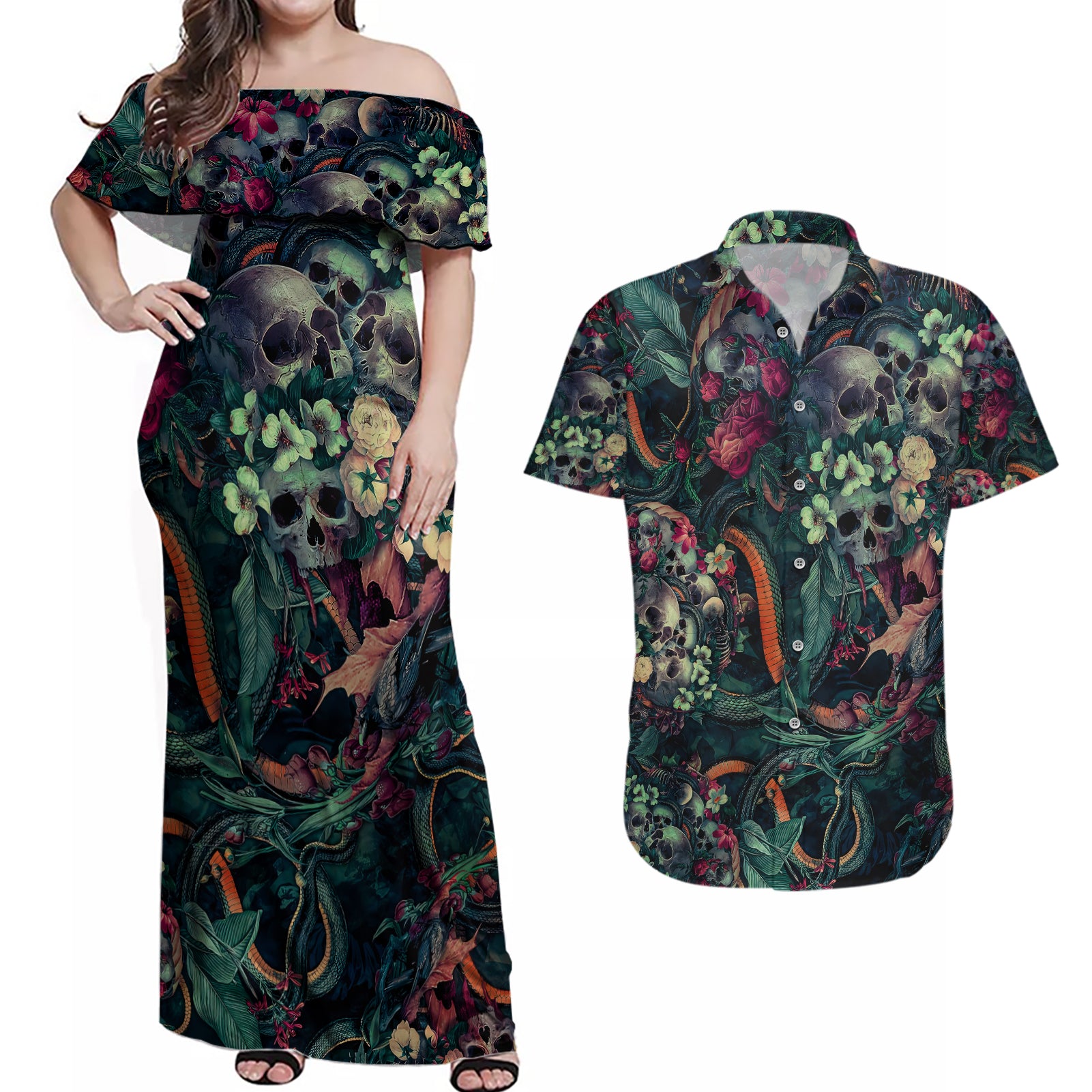 skulls-and-snakes-couples-matching-off-shoulder-maxi-dress-and-hawaiian-shirt