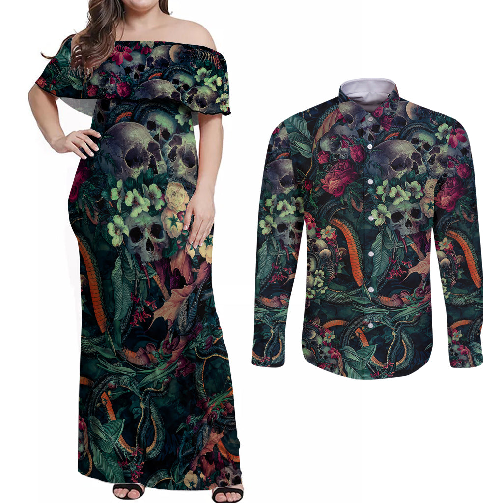 skulls-and-snakes-couples-matching-off-shoulder-maxi-dress-and-long-sleeve-button-shirt