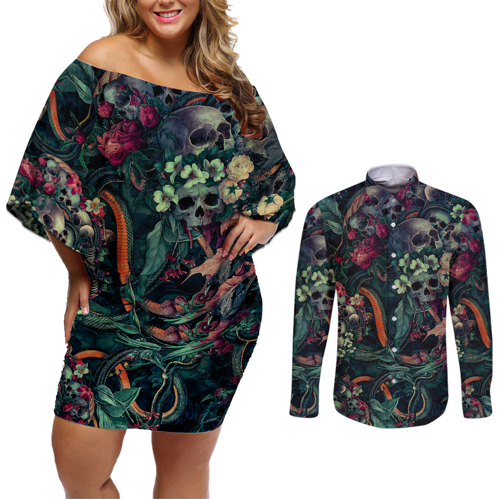 skulls-and-snakes-couples-matching-off-shoulder-short-dress-and-long-sleeve-button-shirt