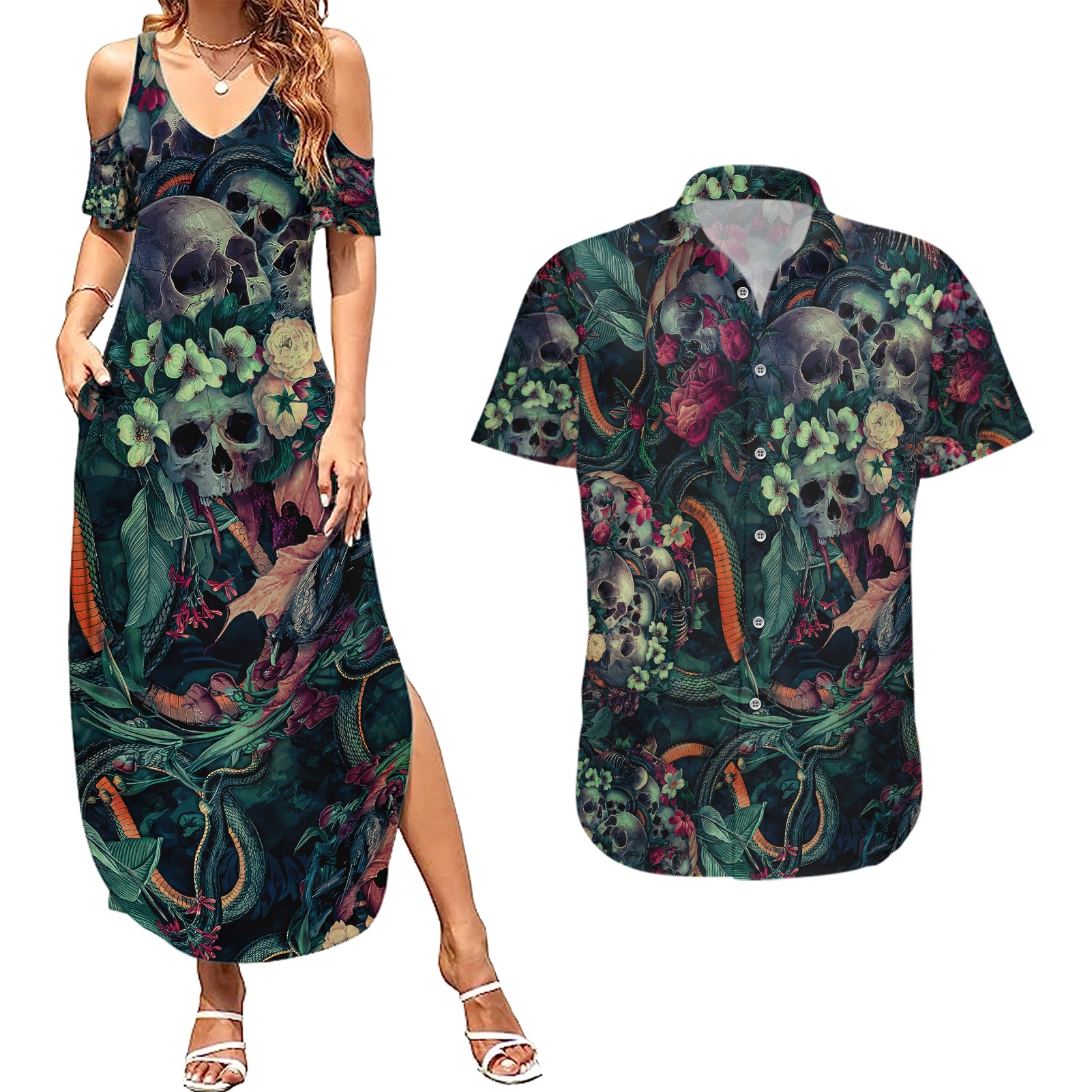 skulls-and-snakes-couples-matching-summer-maxi-dress-and-hawaiian-shirt