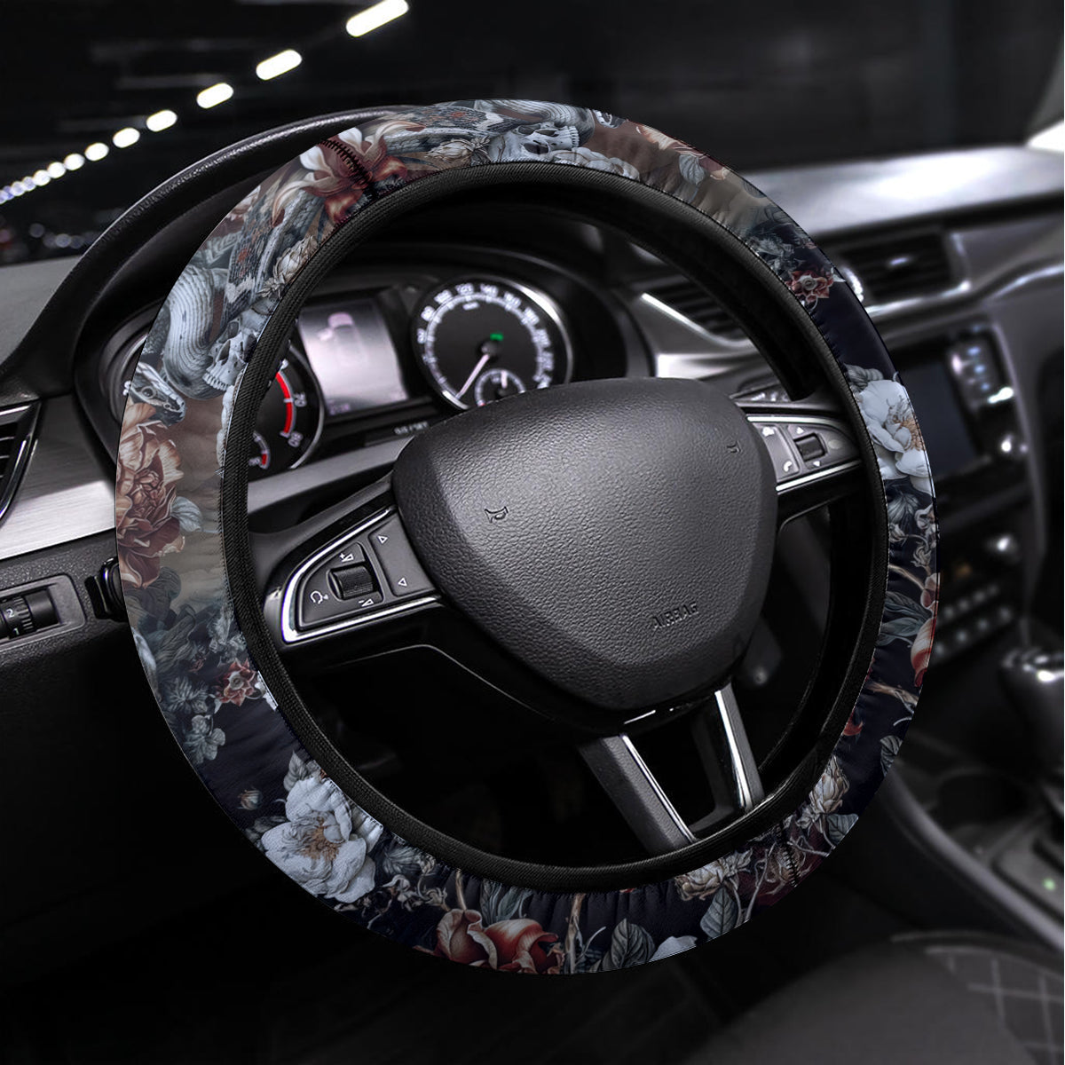 Skulls Roses And White Snakes Steering Wheel Cover