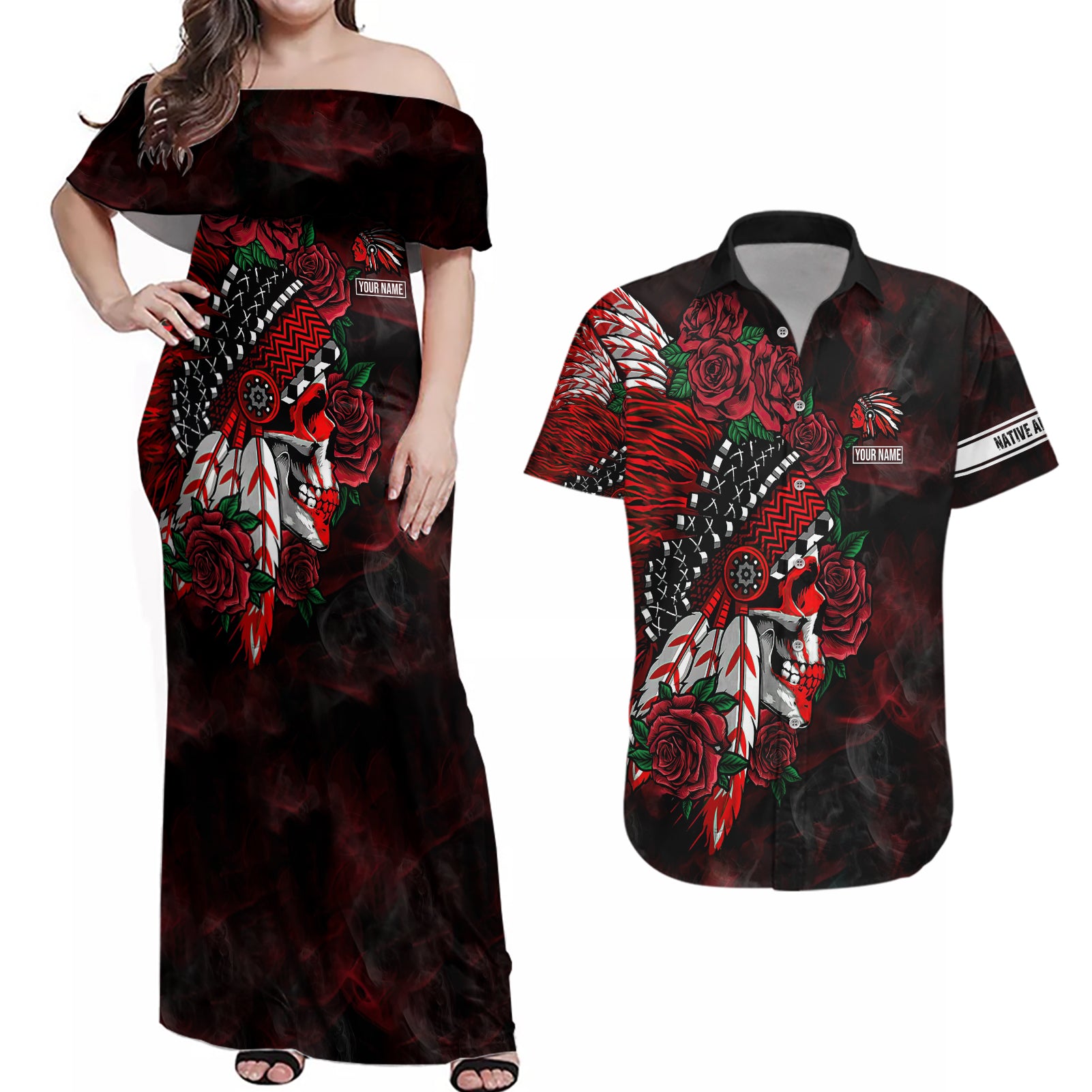 personalised-native-american-chief-skull-couples-matching-off-shoulder-maxi-dress-and-hawaiian-shirt-rose-skull