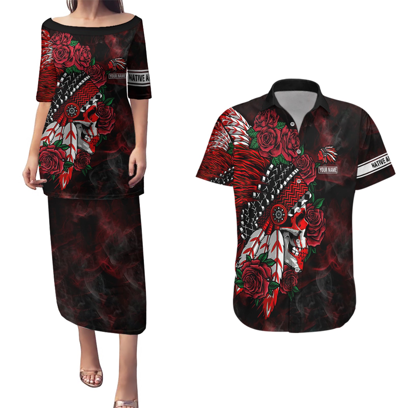 personalised-native-american-chief-skull-couples-matching-puletasi-dress-and-hawaiian-shirt-rose-skull