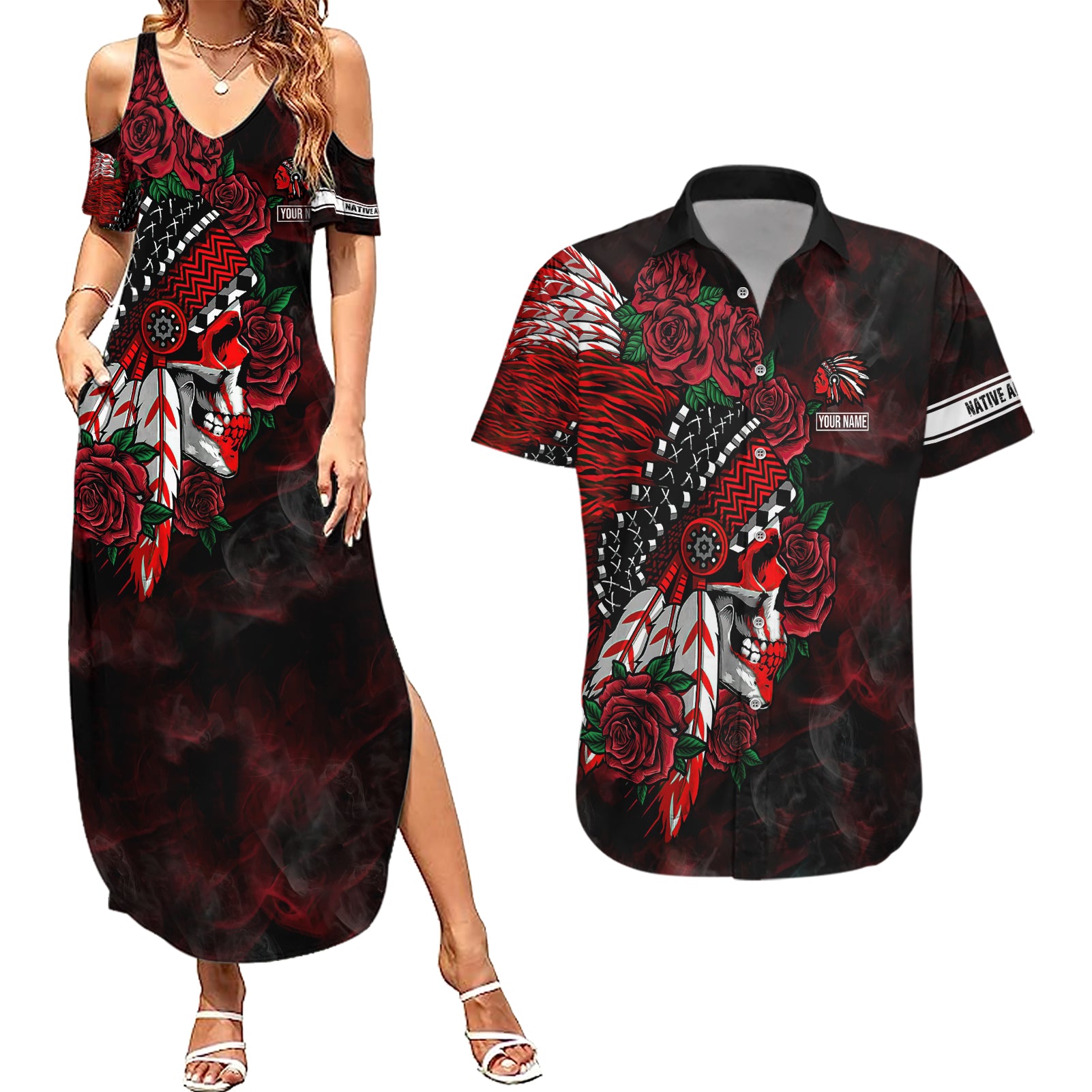 personalised-native-american-chief-skull-couples-matching-summer-maxi-dress-and-hawaiian-shirt-rose-skull