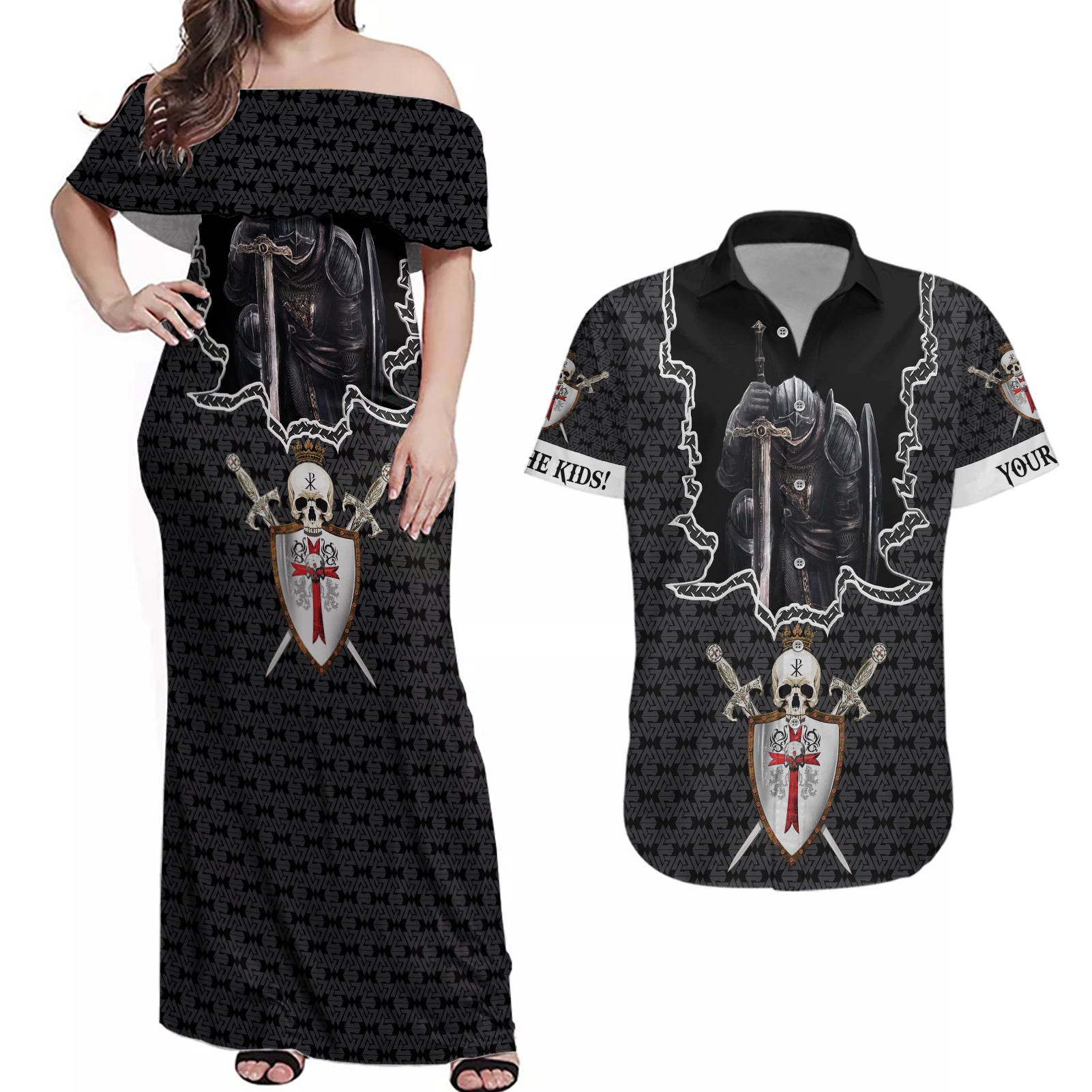 personalised-knights-templar-warrior-skull-couples-matching-off-shoulder-maxi-dress-and-hawaiian-shirt