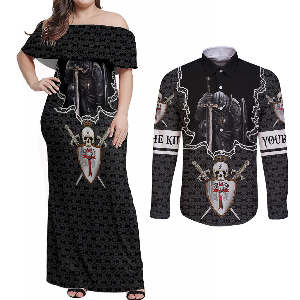 personalised-knights-templar-warrior-skull-couples-matching-off-shoulder-maxi-dress-and-long-sleeve-button-shirts