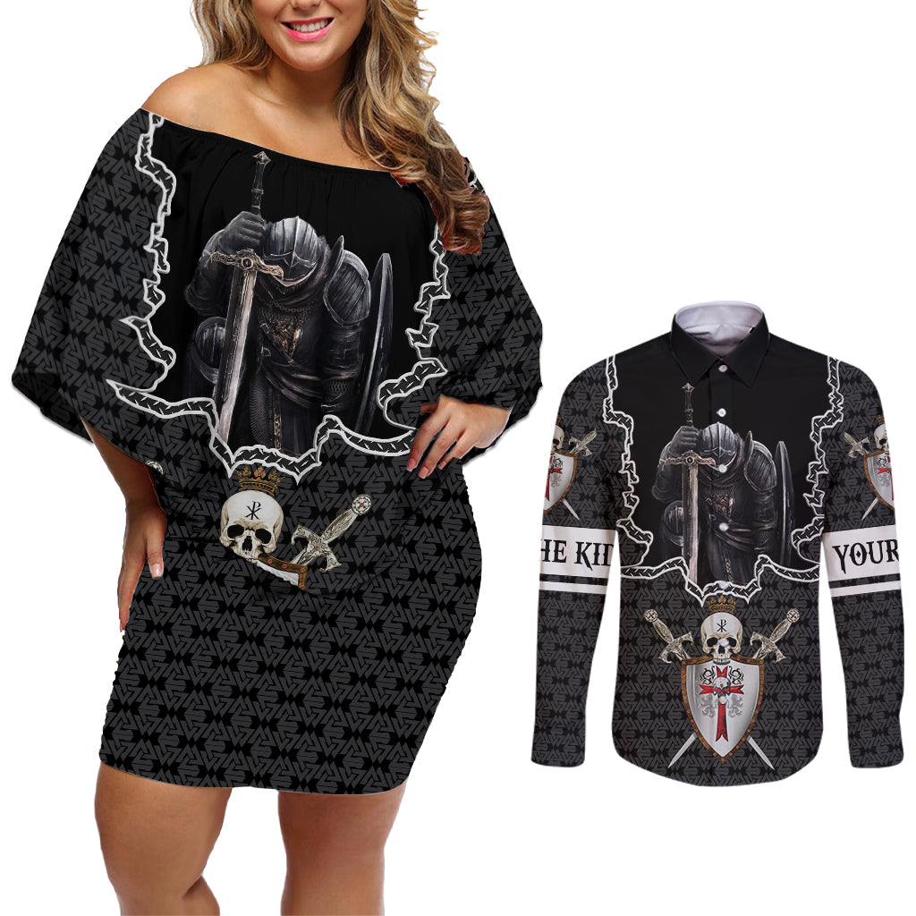 personalised-knights-templar-warrior-skull-couples-matching-off-shoulder-short-dress-and-long-sleeve-button-shirts