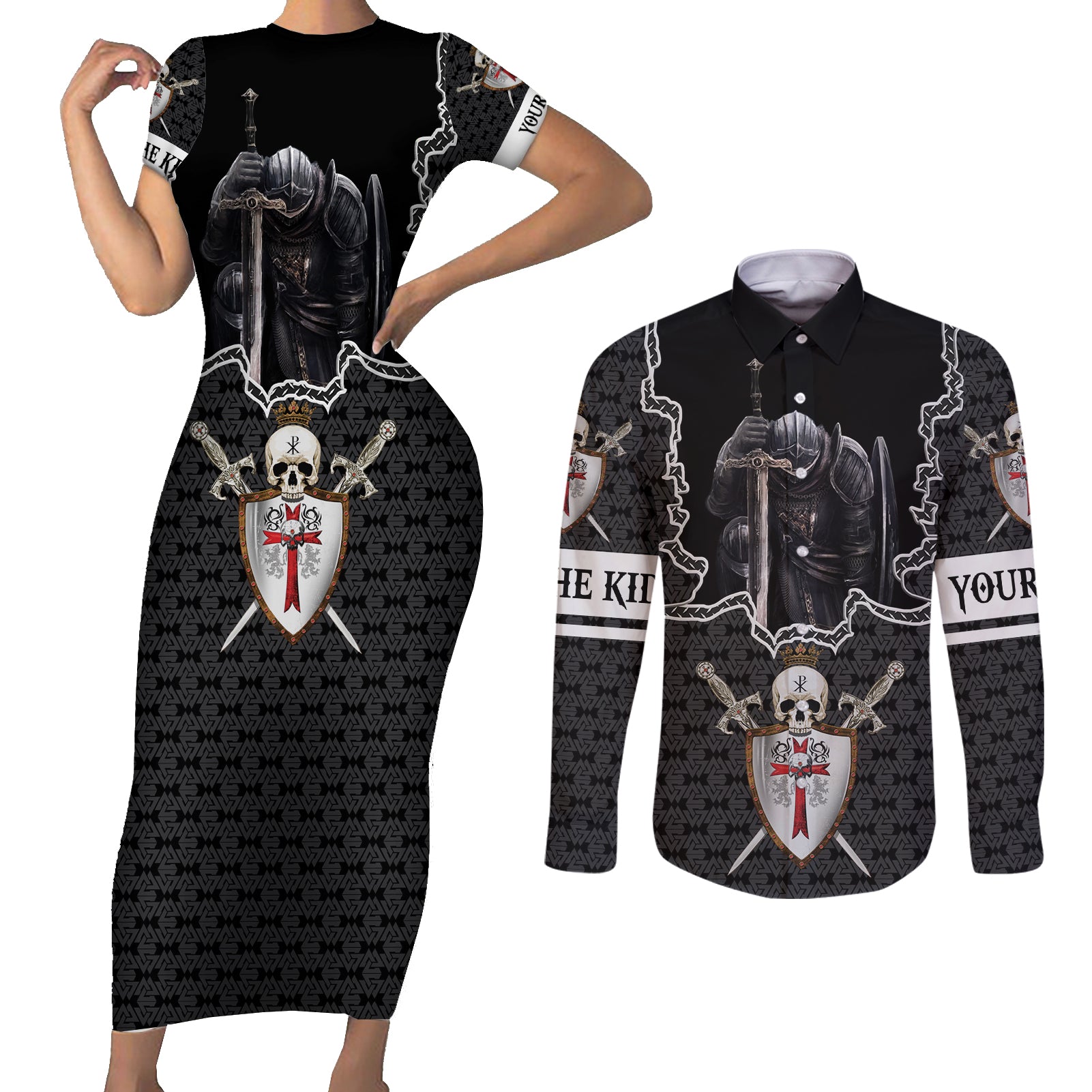 personalised-knights-templar-warrior-skull-couples-matching-short-sleeve-bodycon-dress-and-long-sleeve-button-shirts