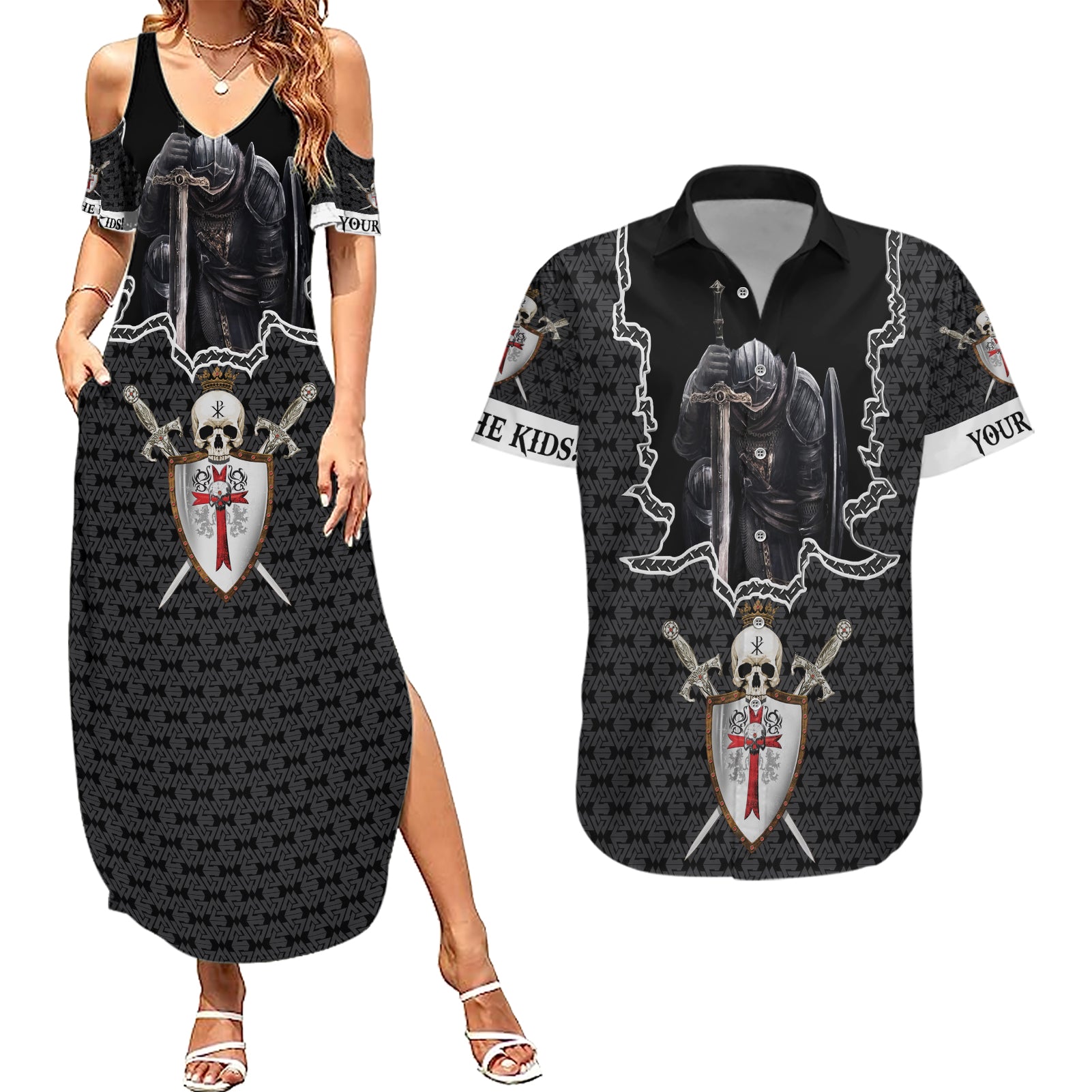 personalised-knights-templar-warrior-skull-couples-matching-summer-maxi-dress-and-hawaiian-shirt