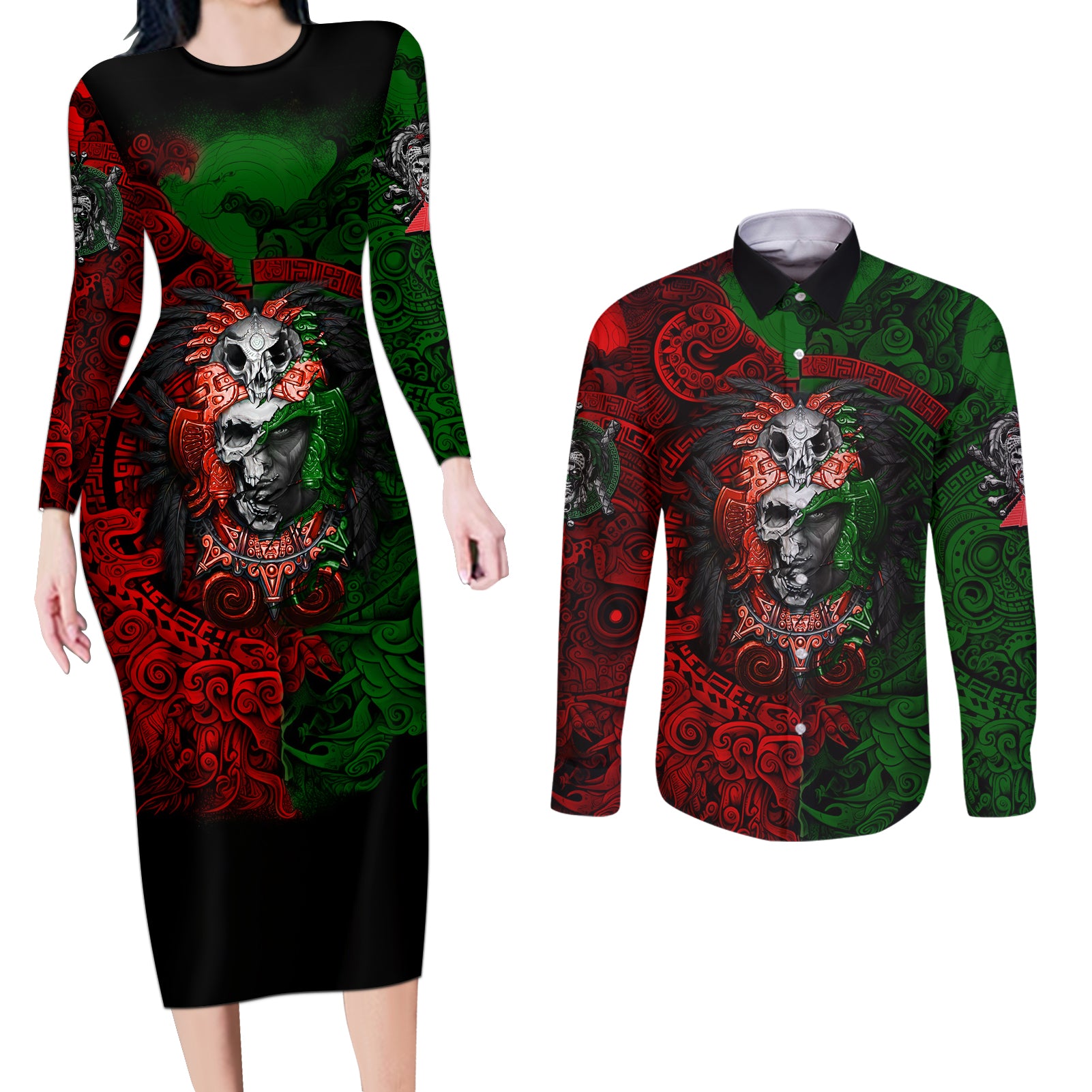 skulls-aztec-warriors-couples-matching-long-sleeve-bodycon-dress-and-long-sleeve-button-shirts