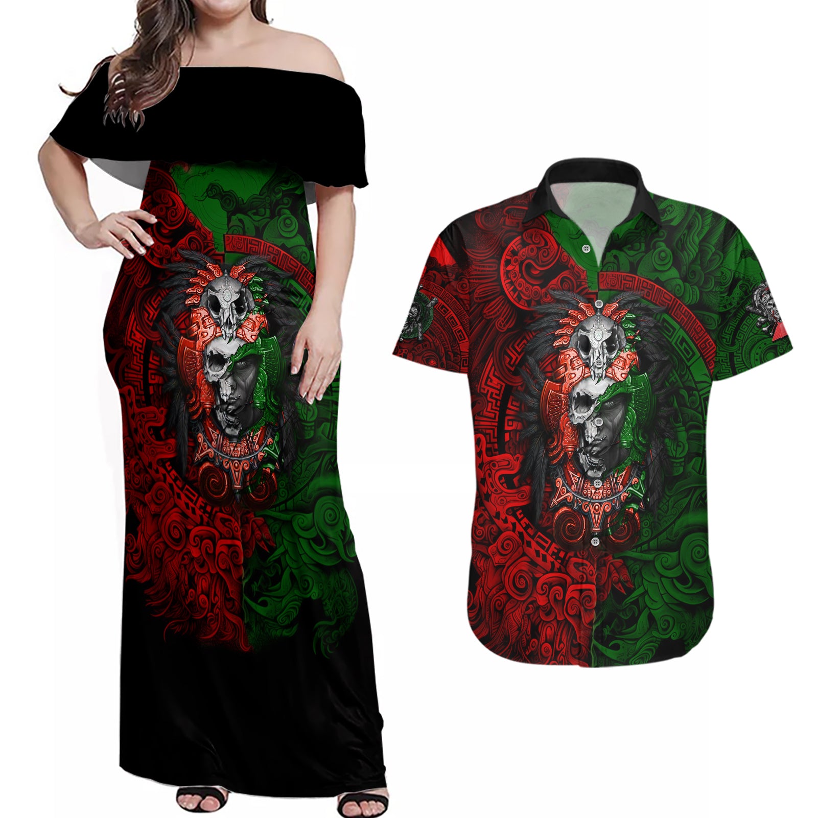 skulls-aztec-warriors-couples-matching-off-shoulder-maxi-dress-and-hawaiian-shirt