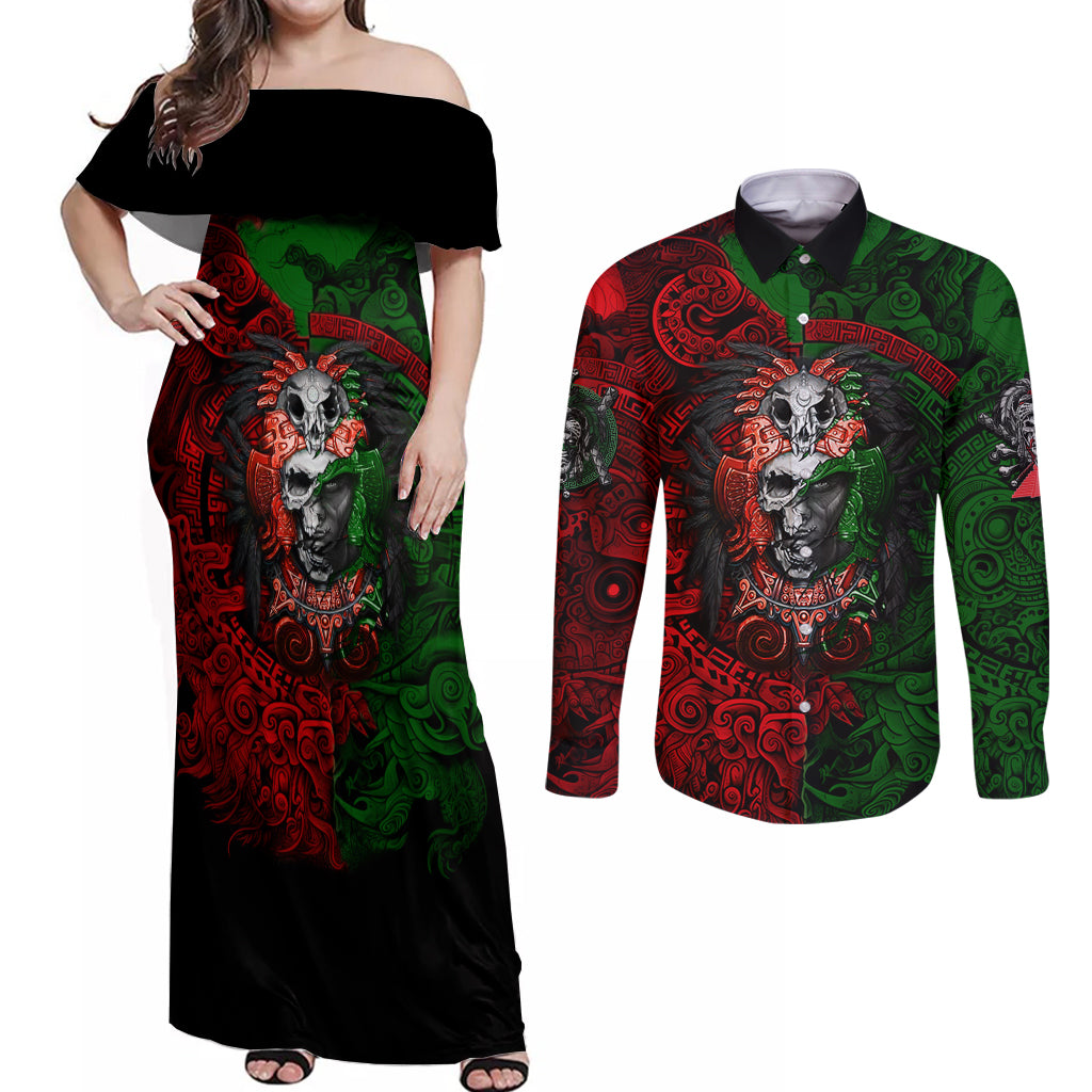 skulls-aztec-warriors-couples-matching-off-shoulder-maxi-dress-and-long-sleeve-button-shirts