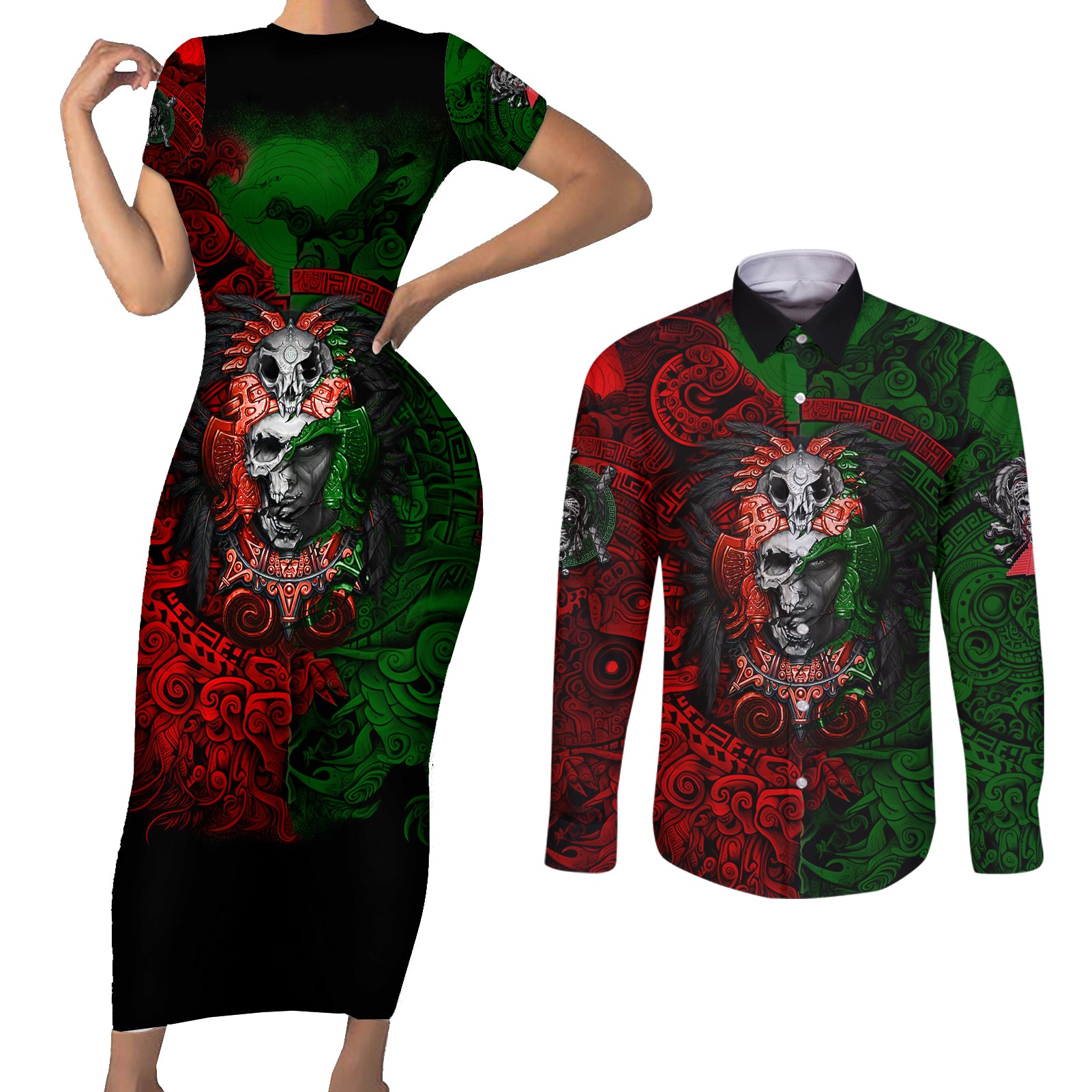 skulls-aztec-warriors-couples-matching-short-sleeve-bodycon-dress-and-long-sleeve-button-shirts