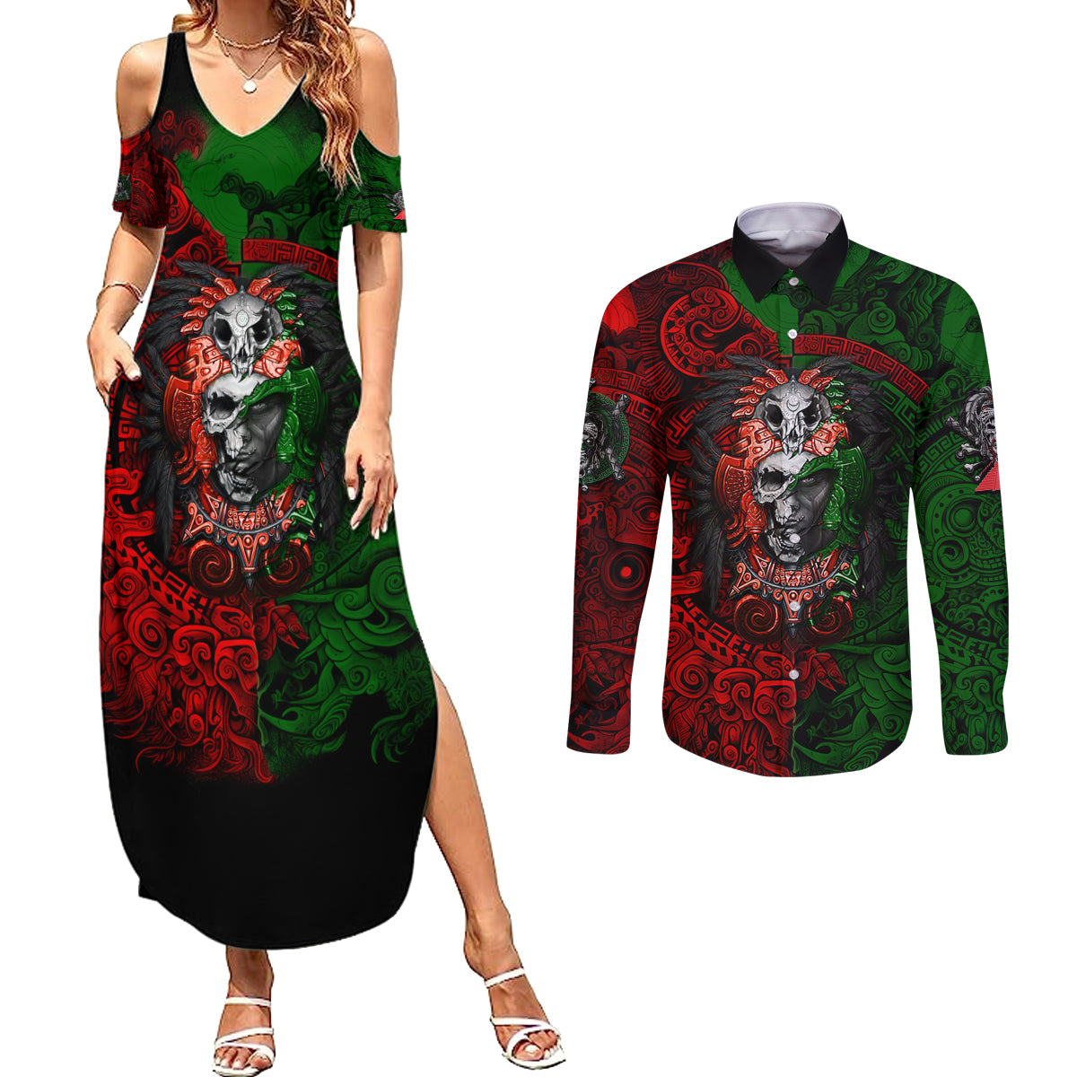 skulls-aztec-warriors-couples-matching-summer-maxi-dress-and-long-sleeve-button-shirts