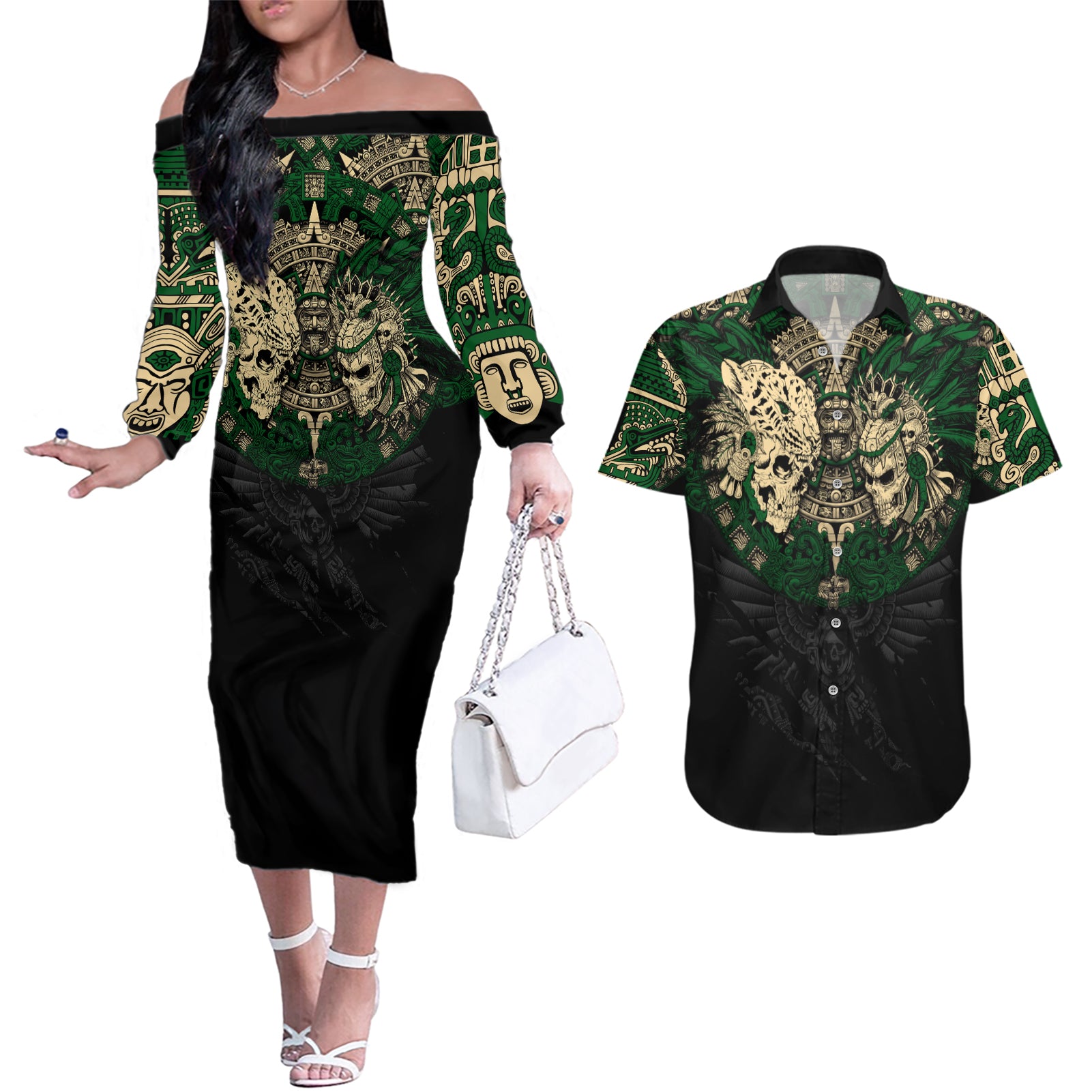 aztec-warrior-skulls-couples-matching-off-the-shoulder-long-sleeve-dress-and-hawaiian-shirt