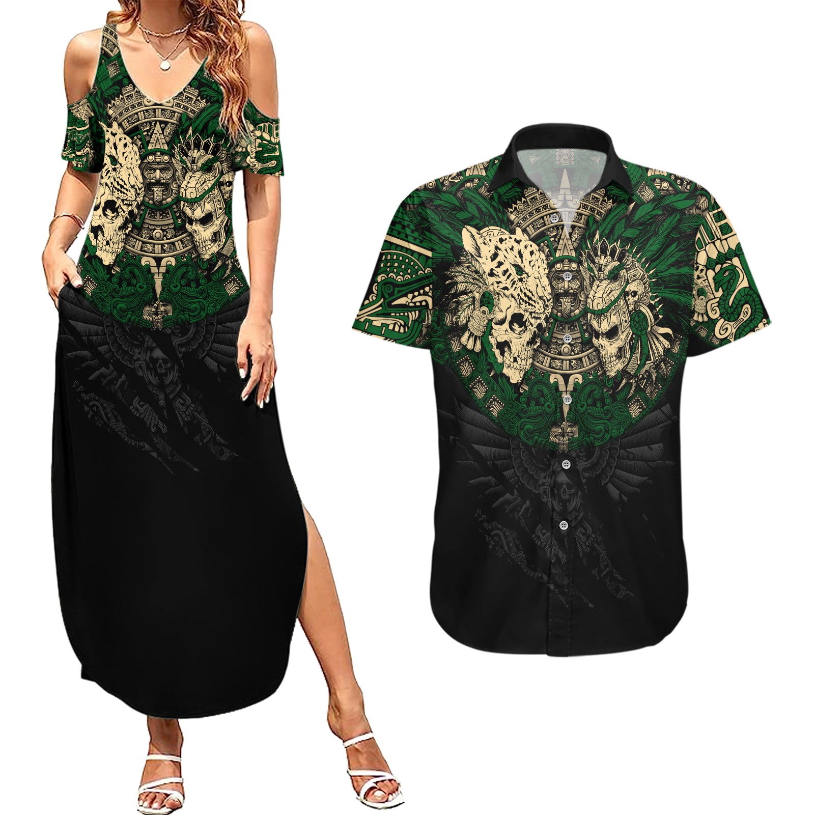 aztec-warrior-skulls-couples-matching-summer-maxi-dress-and-hawaiian-shirt