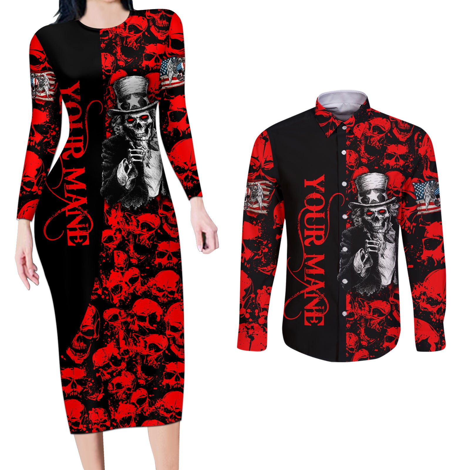 zombie-army-couples-matching-long-sleeve-bodycon-dress-and-long-sleeve-button-shirts-i-want-you