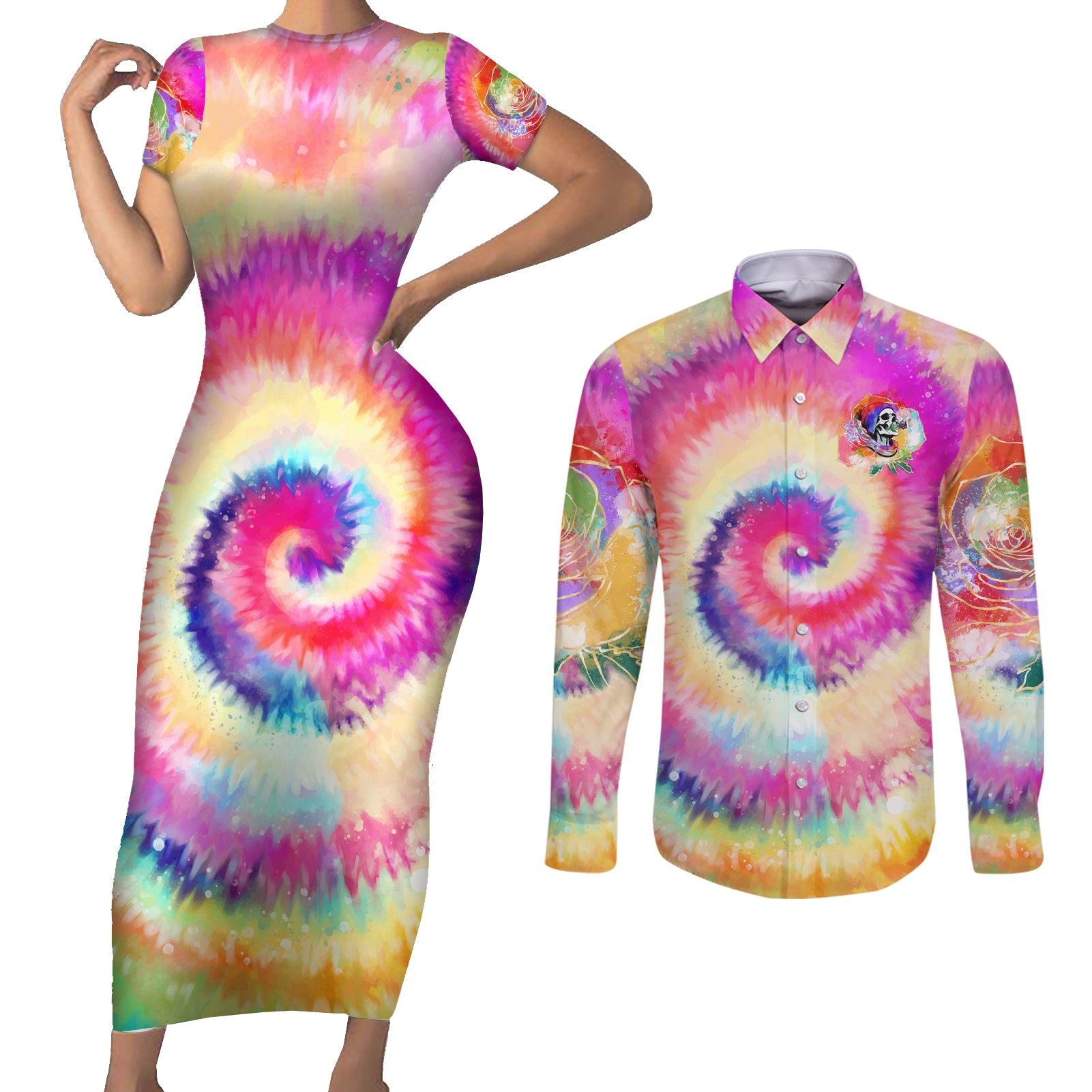 we-are-all-human-lgbt-couples-matching-short-sleeve-bodycon-dress-and-long-sleeve-button-shirt-skull-tie-dye