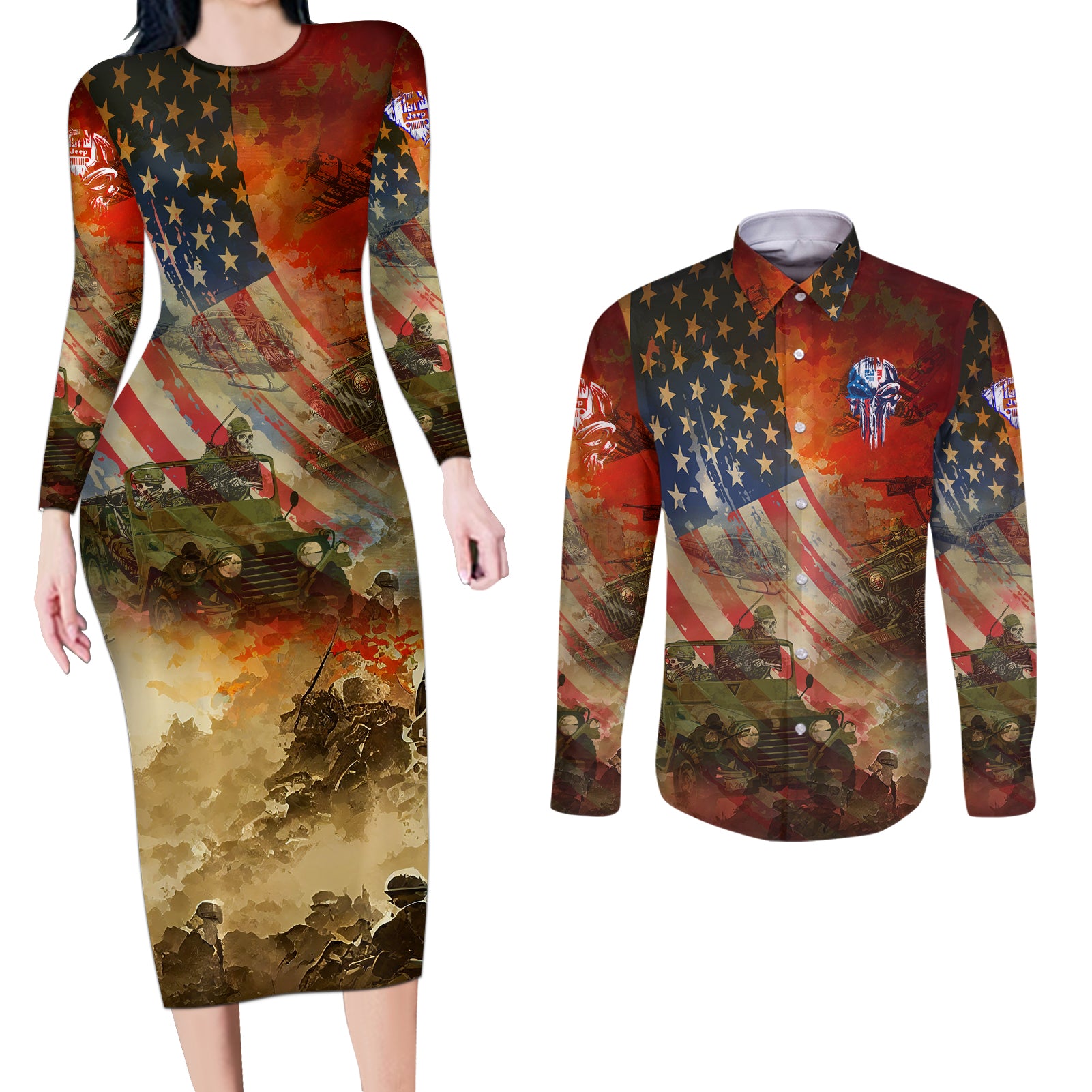 jeep-skull-solider-couples-matching-long-sleeve-bodycon-dress-and-long-sleeve-button-shirt-american-flag