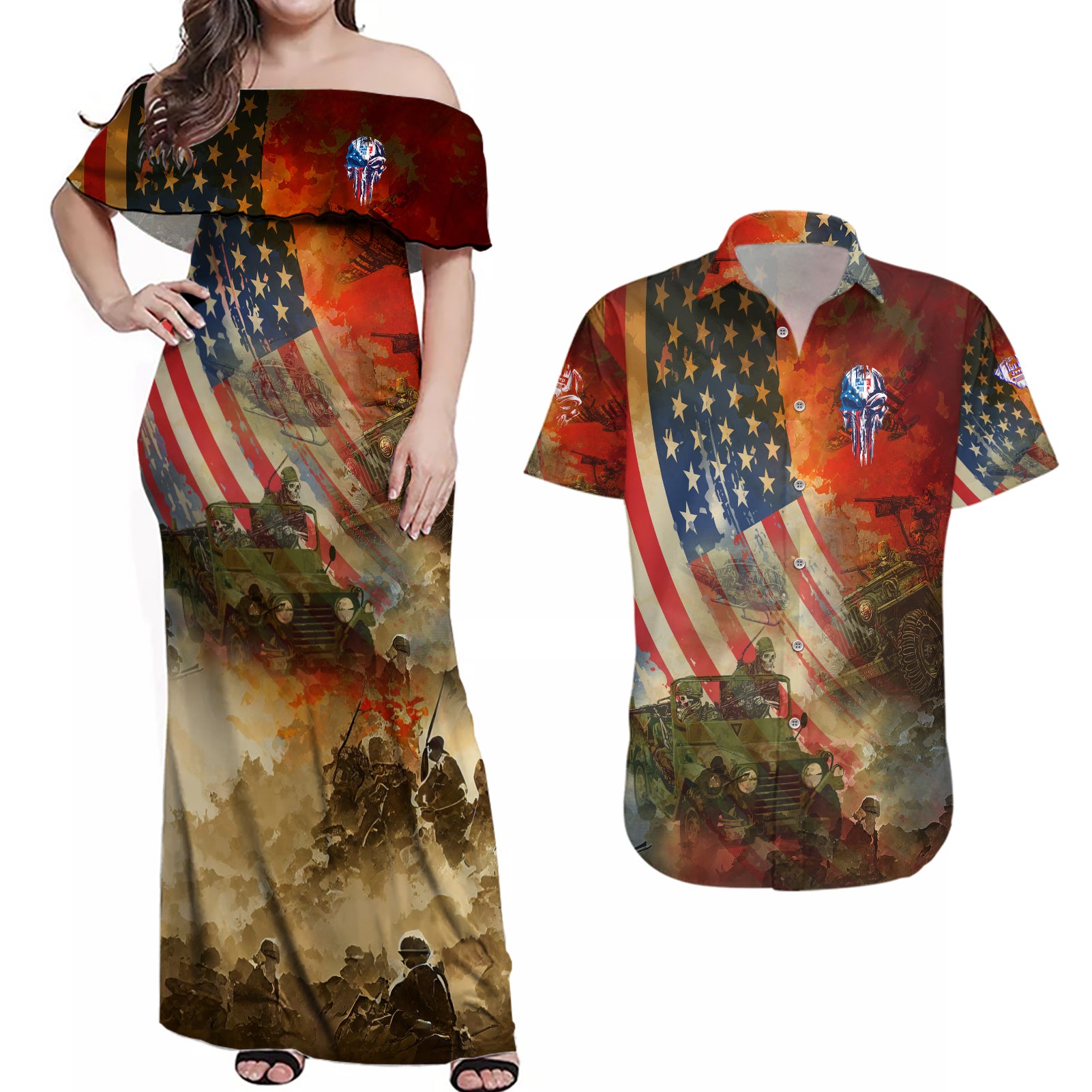 jeep-skull-solider-couples-matching-off-shoulder-maxi-dress-and-hawaiian-shirt-american-flag