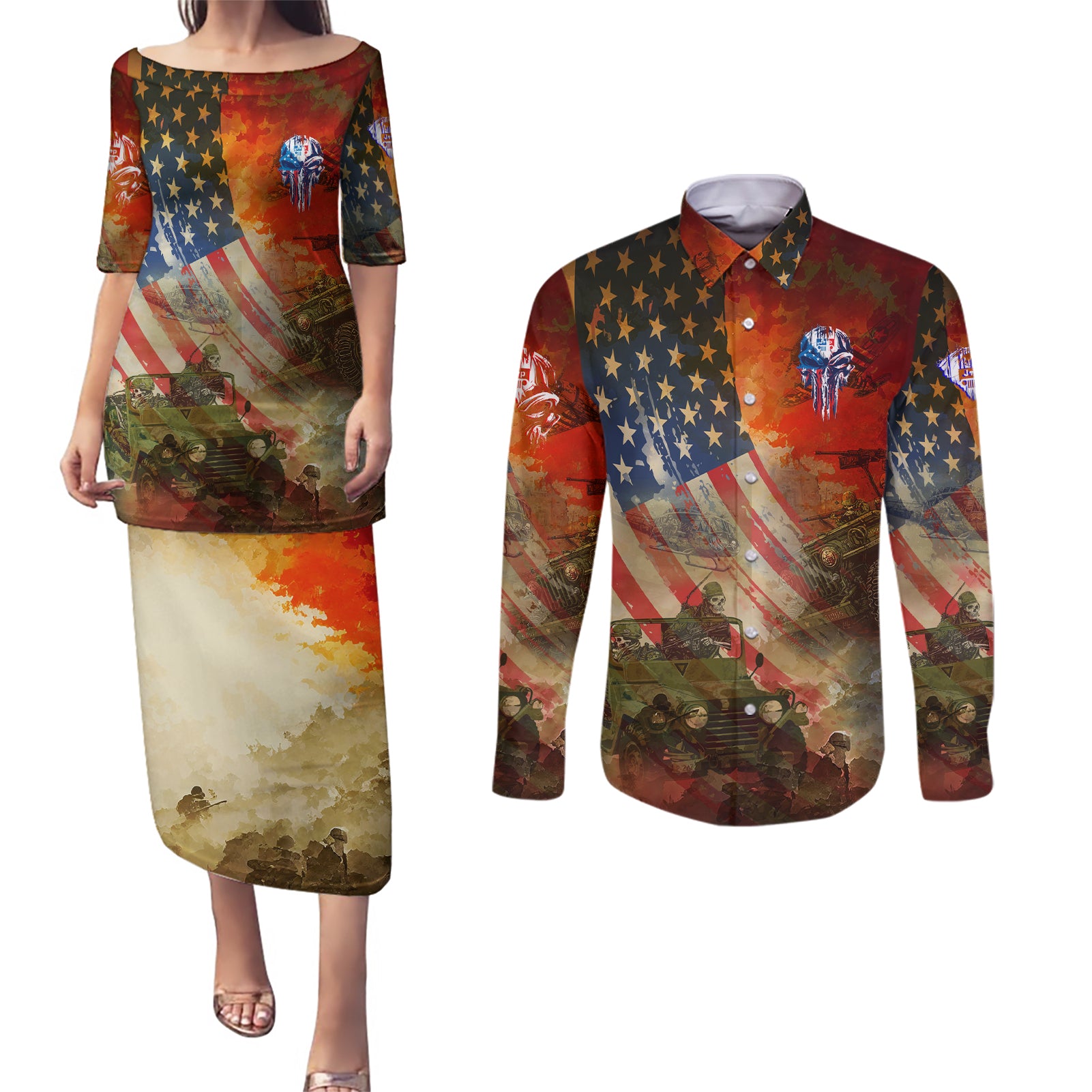 jeep-skull-solider-couples-matching-puletasi-dress-and-long-sleeve-button-shirt-american-flag